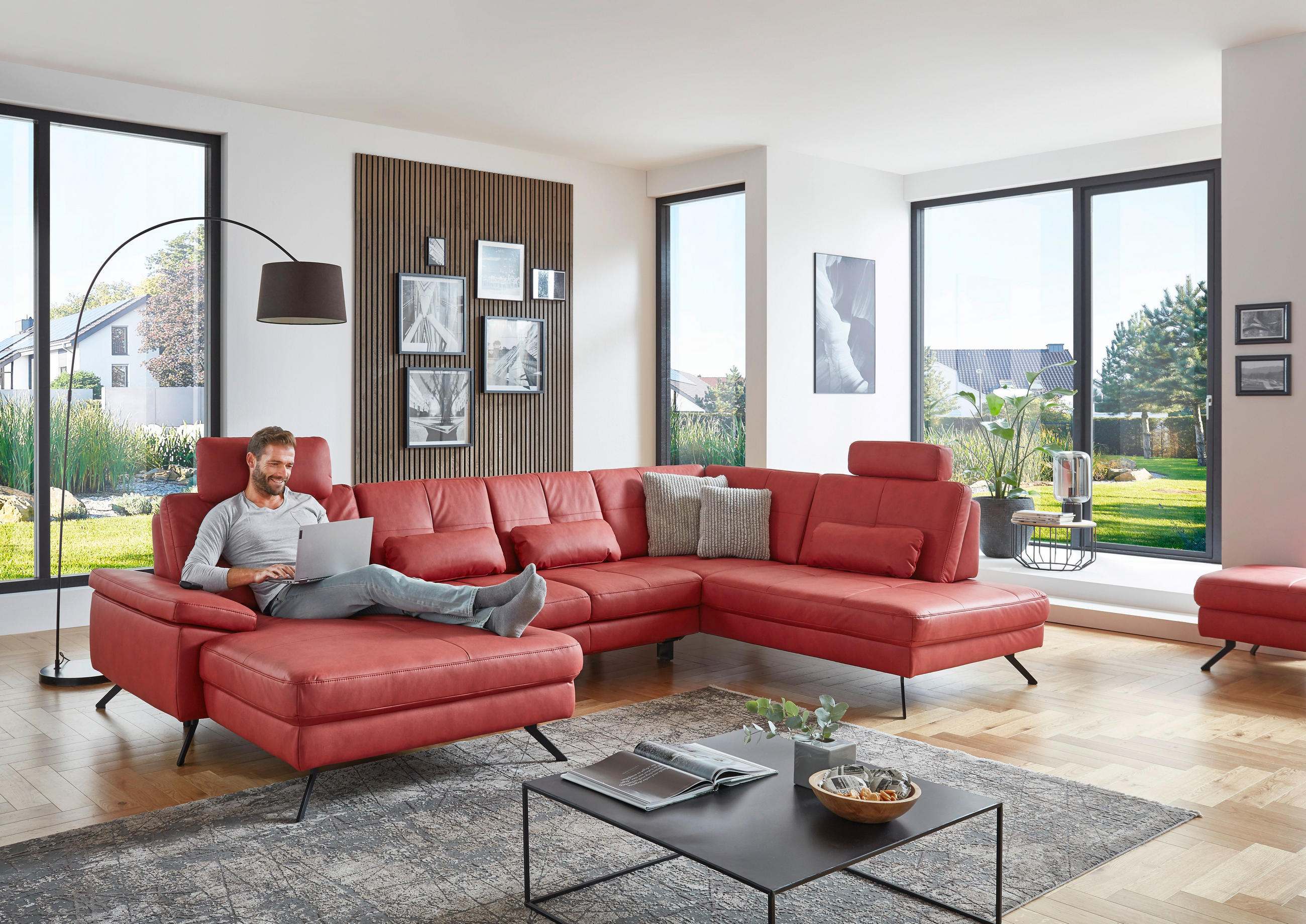WOHNLANDSCHAFT Rot Lederlook, Mikrofaser - Rot/Schwarz, Design, Textil/Metall (179/345/220cm) - Beldomo Speed