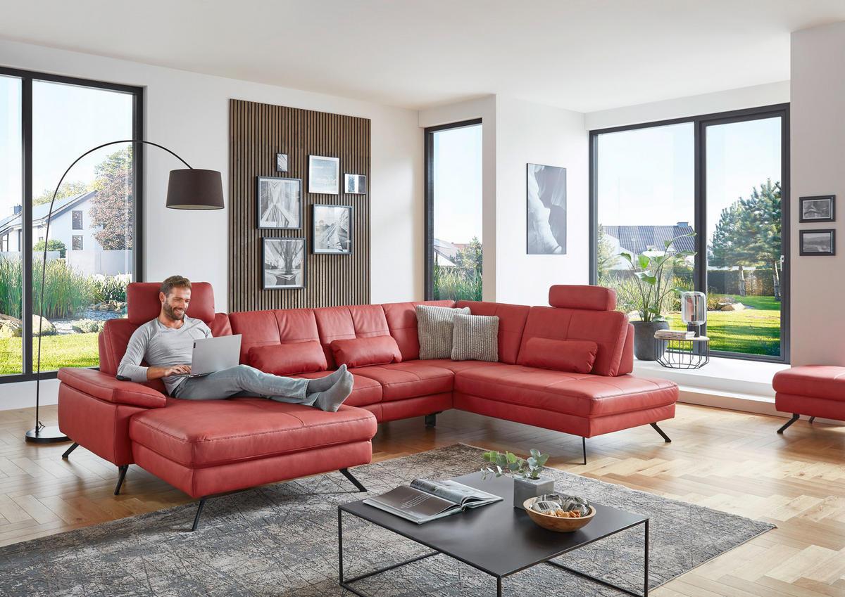 WOHNLANDSCHAFT in Lederlook, Mikrofaser Rot  - Rot/Schwarz, Design, Textil/Metall (179/345/220cm) - Beldomo System