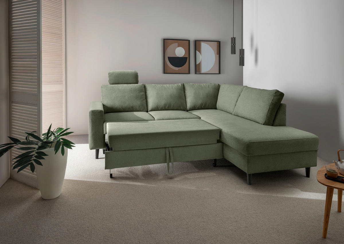 ECKSCHLAFSOFA in Dunkelgrün Textil   - Dunkelgrün/Schwarz, Modern, Holz/Textil (242/200cm) - Livetastic
