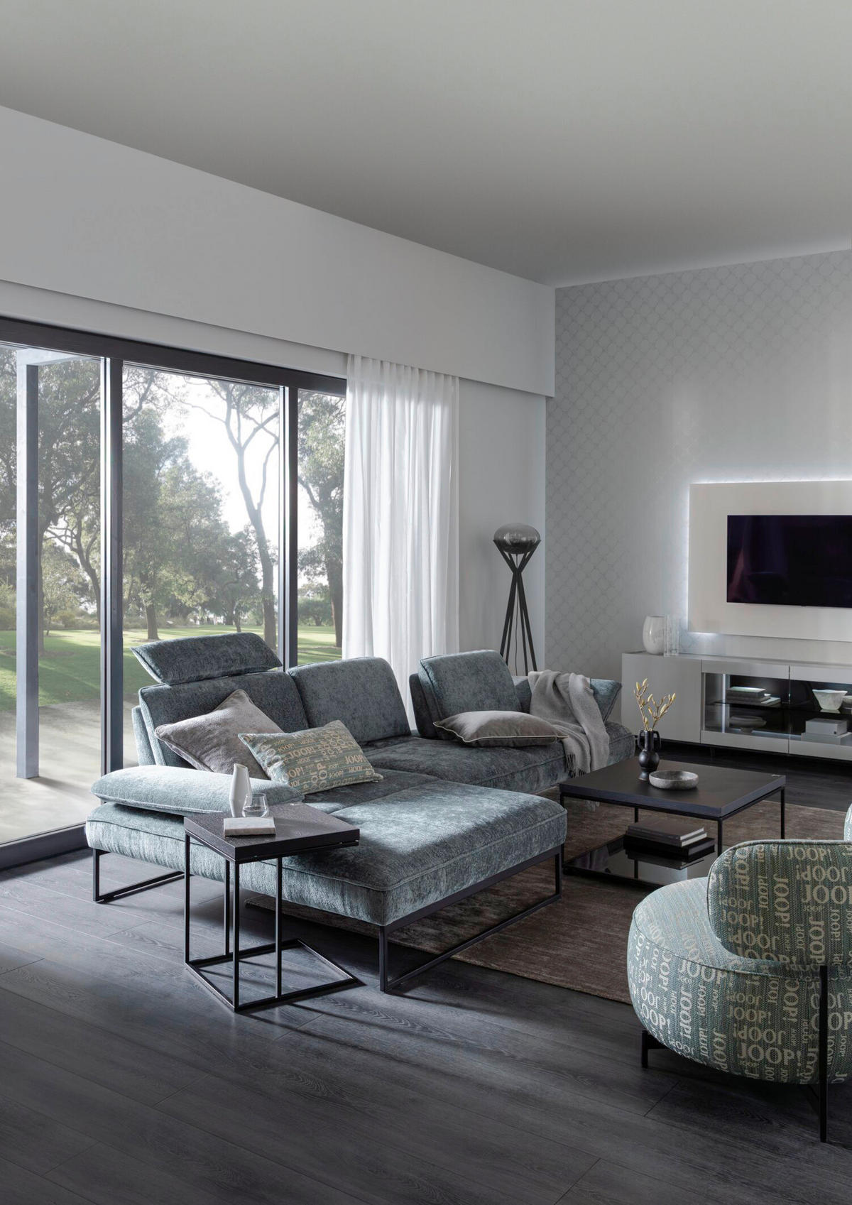 ECKSOFA in Chenille Graublau  - Graublau/Anthrazit, Design, Textil/Metall (160/310cm) - Joop!