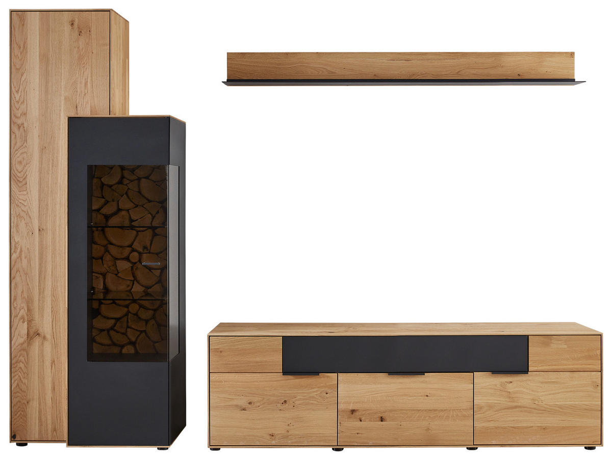 WOHNWAND  in Schwarz, Eichefarben  299,3/195,9/45,2 cm  - Eichefarben/Schwarz, Design, Glas/Holz (299,3/195,9/45,2cm) - Valdera