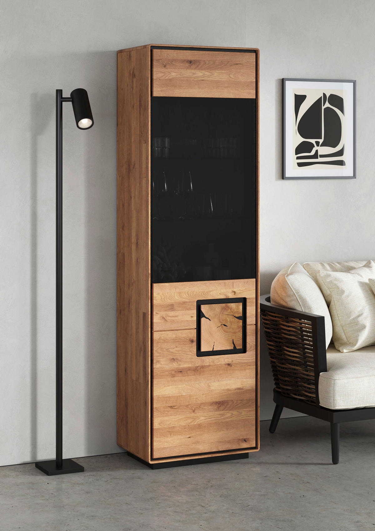 VITRINE  in massiv Wildeiche Schwarz, Wildeiche  - Wildeiche/Schwarz, Basics, Glas/Holz (60/203/40cm) - Livetastic