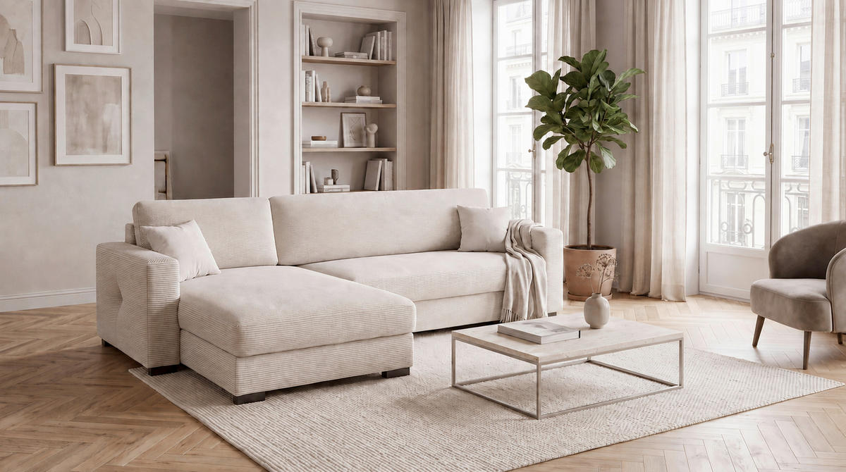 ECKSOFA  Cord Beige  - Beige/Schwarz, Basics, Holz/Holzwerkstoff (284/184cm) - MID.YOU