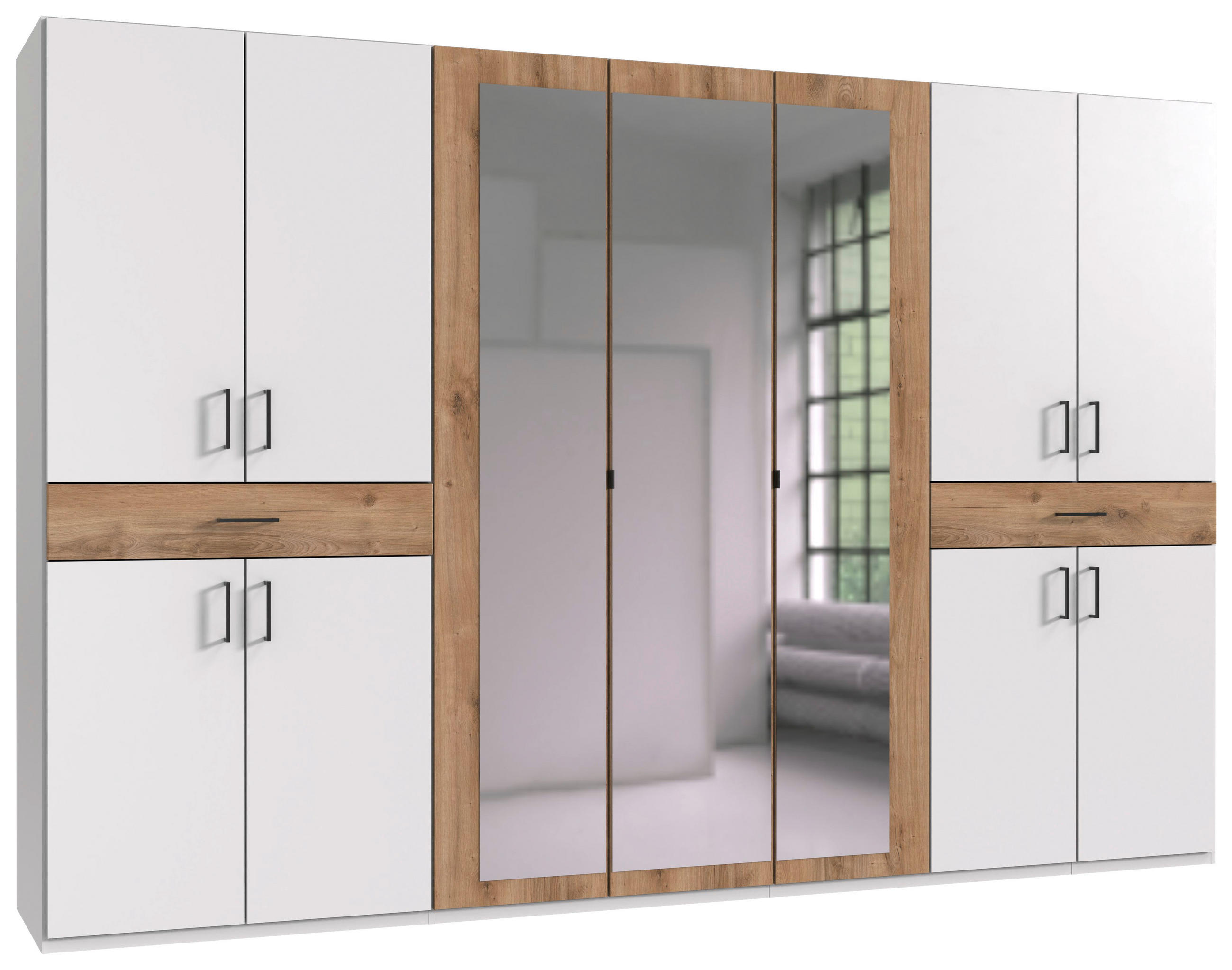 DREHTÜRENSCHRANK 313/208/58 cm,  in Weiß, Plankeneiche, 11-türig  - Plankeneiche/Schwarz, KONVENTIONELL, Glas/Holzwerkstoff (313/208/58cm) - Boxxx