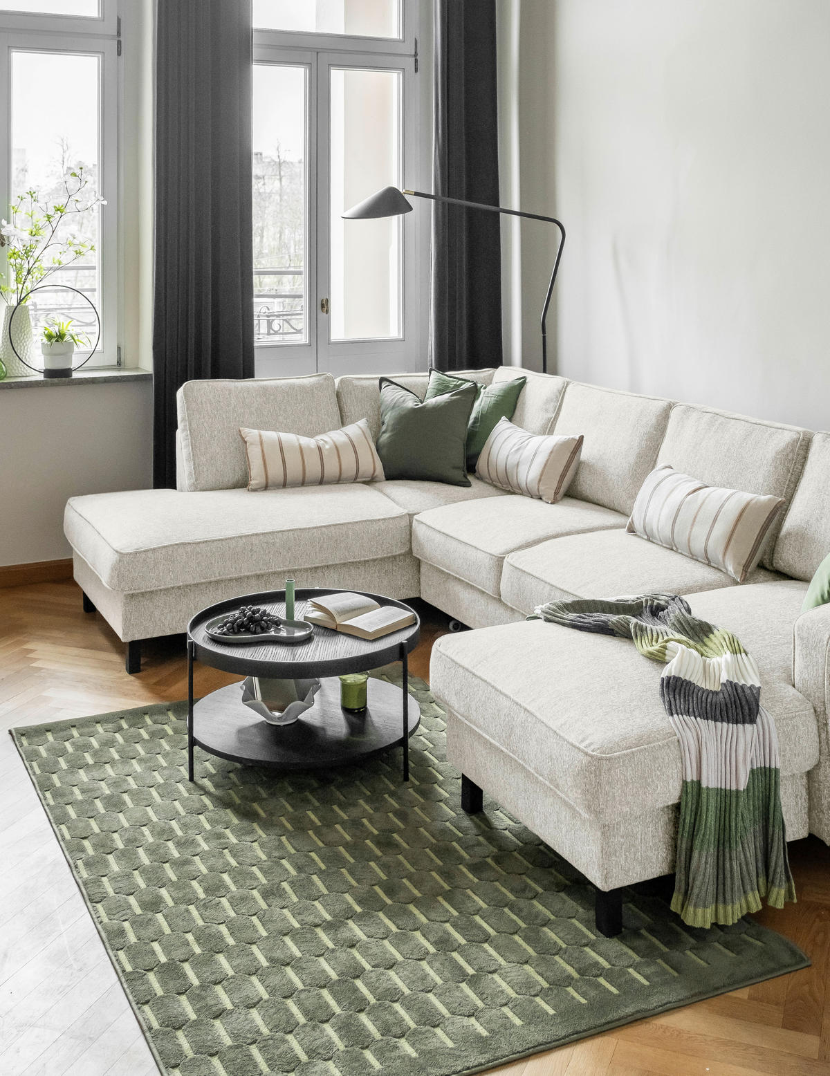 WOHNLANDSCHAFT in Struktur Beige  - Beige/Schwarz, Holz/Textil (198/298/148cm) - MID.YOU