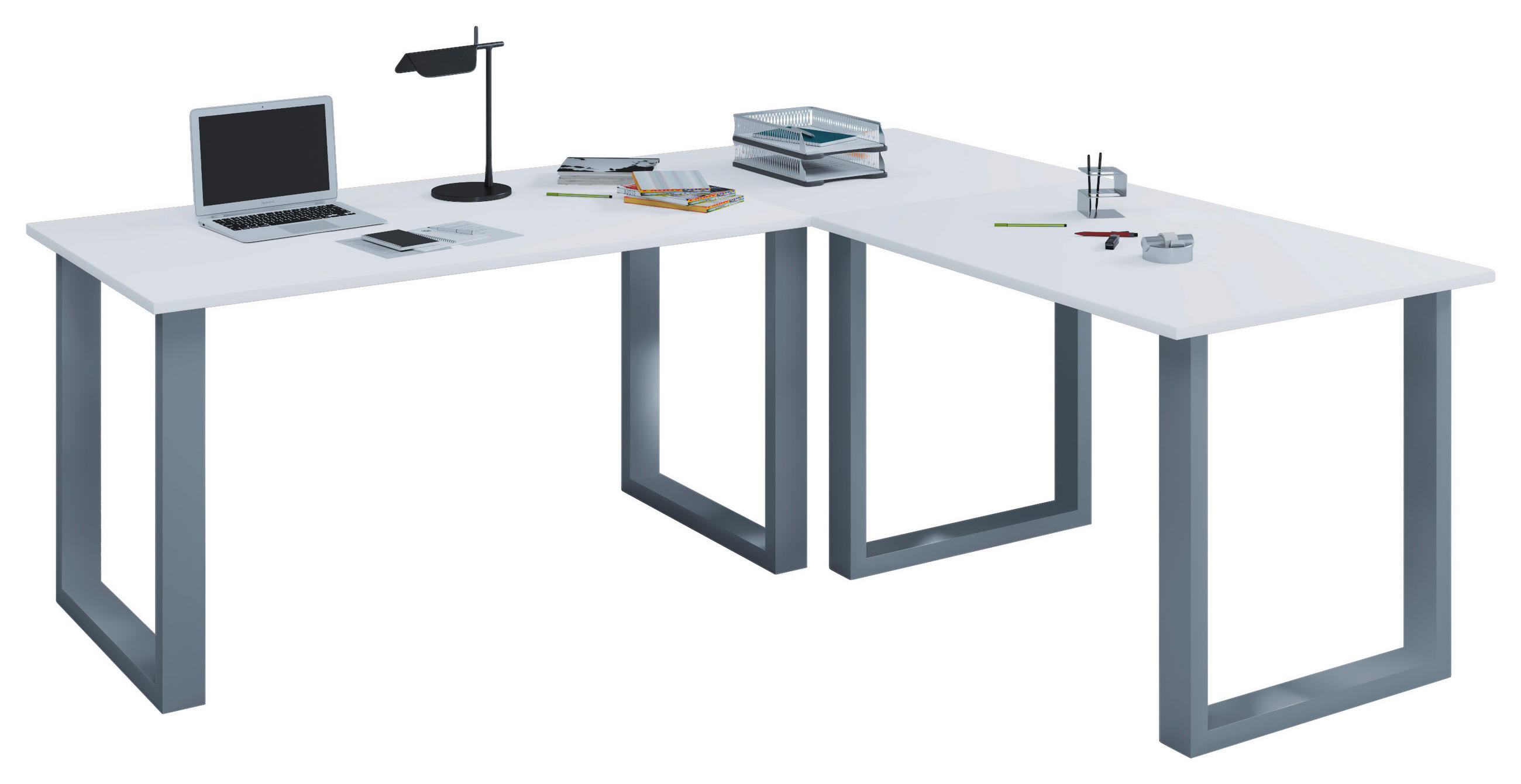 ECKSCHREIBTISCH 190/160/76 cm Silberfarben, Weiss  - Weiss/Silberfarben, Modern, Holzwerkstoff/Metall (190/160/76cm) - MID.YOU