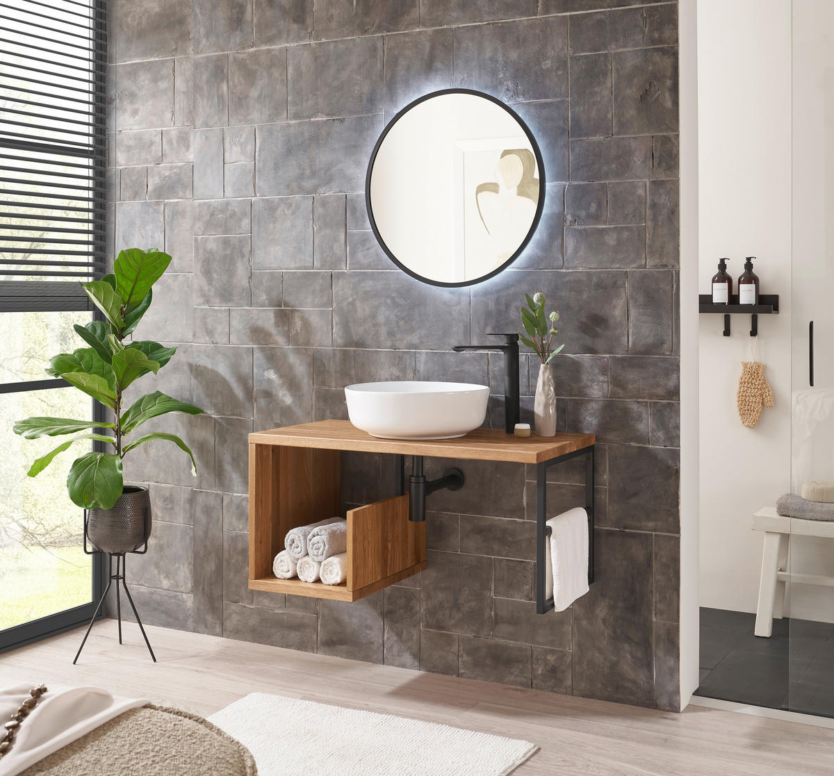 WASCHBECKENUNTERSCHRANK 90/45/47 cm  - Eichefarben/Schwarz, Natur, Holz/Metall (90/45/47cm) - Linea Natura