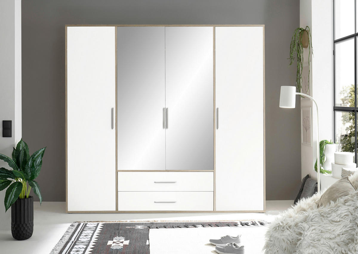 KLEIDERSCHRANK 206/195/60 cm,  in Weiß, Alufarben, Eiche San Remo, 4-türig  - Alufarben/Weiß, KONVENTIONELL, Glas/Holzwerkstoff (206/195/60cm) - Boxxx