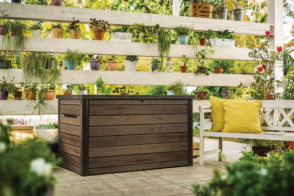 ÚLOŽNÝ BOX NA SEDENIE, plast, 147/86/83 cm - farba vlašského orecha, Basics, plast (147/86/83cm) - Ambia Garden