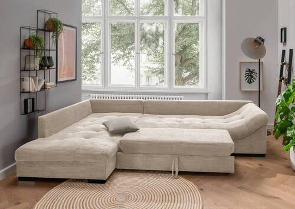 ECKSOFA in Cord Beige  - Beige/Schwarz, Design, Holz/Textil (202/298cm) - MID.YOU