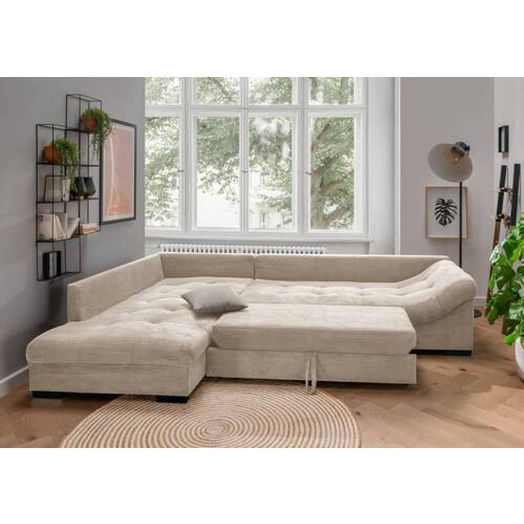 Thumbnail - Mid.you Ecksofa, Beige, Textil, Buche, Streifen, 4-Sitzer, Füllung: Schaumstoff, L-Form, Ottomane links, 298x202 cm, Mad...