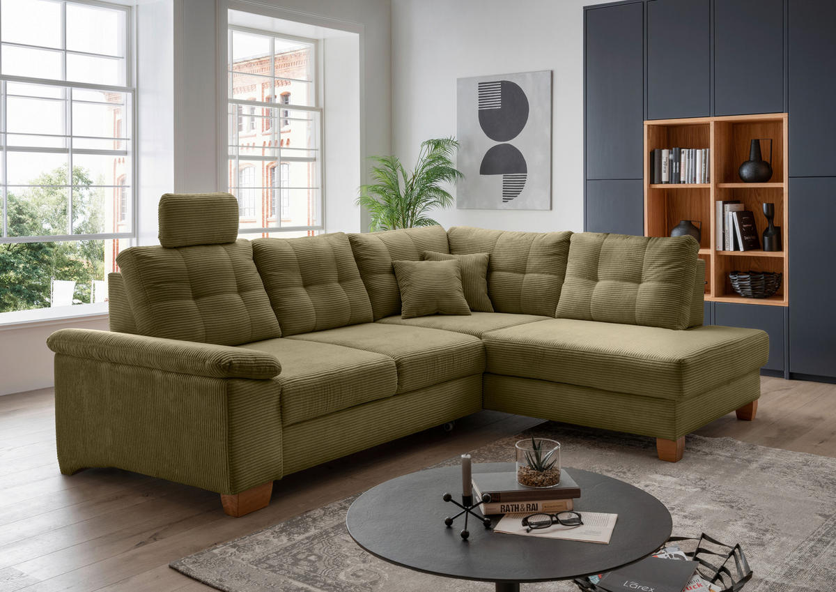 ECKSOFA in Cord Olivgrün  - Naturfarben/Olivgrün, Modern, Holz/Textil (274/206cm) - Livetastic
