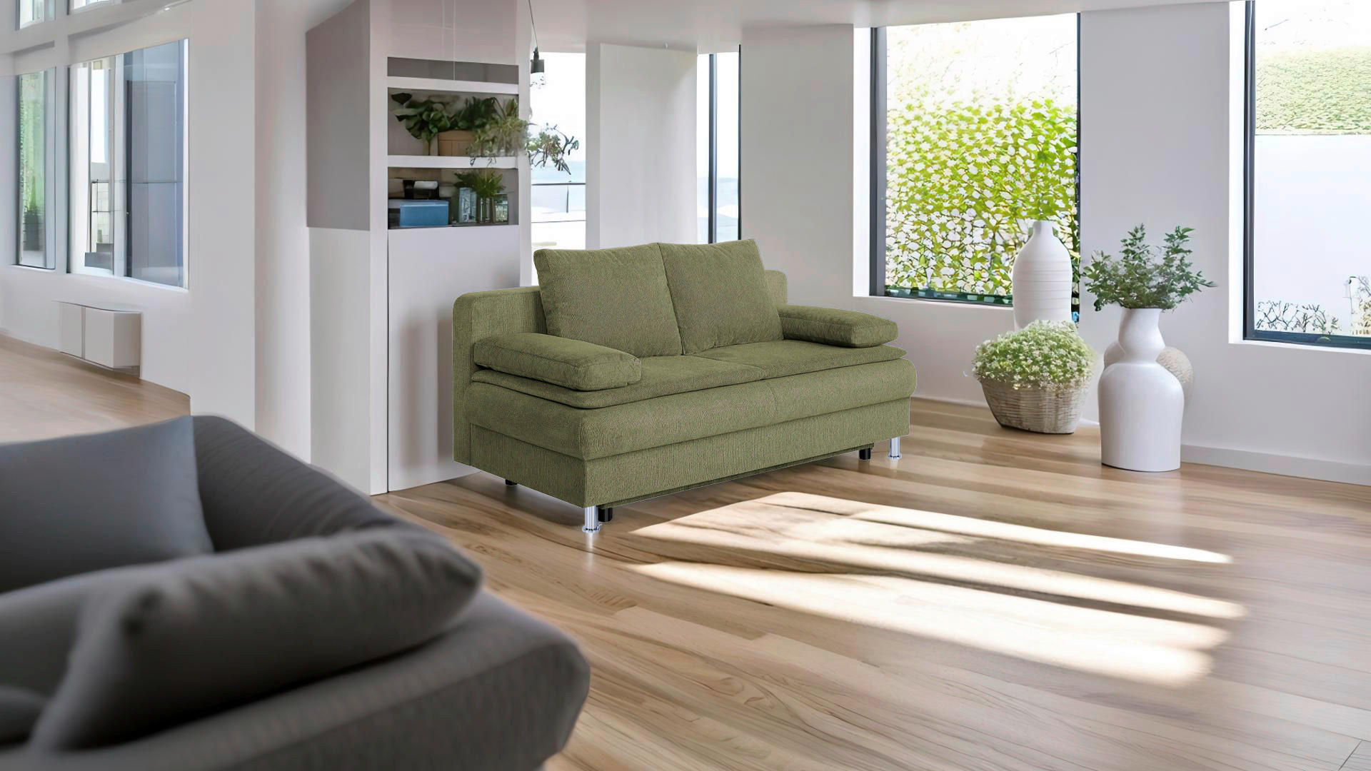 SCHLAFSOFA  mit Schlafen auf Sitzhöhe Webstoff Olivgrün  - Chromfarben/Schwarz, Design, Kunststoff/Textil (200/92/90cm) - P & B