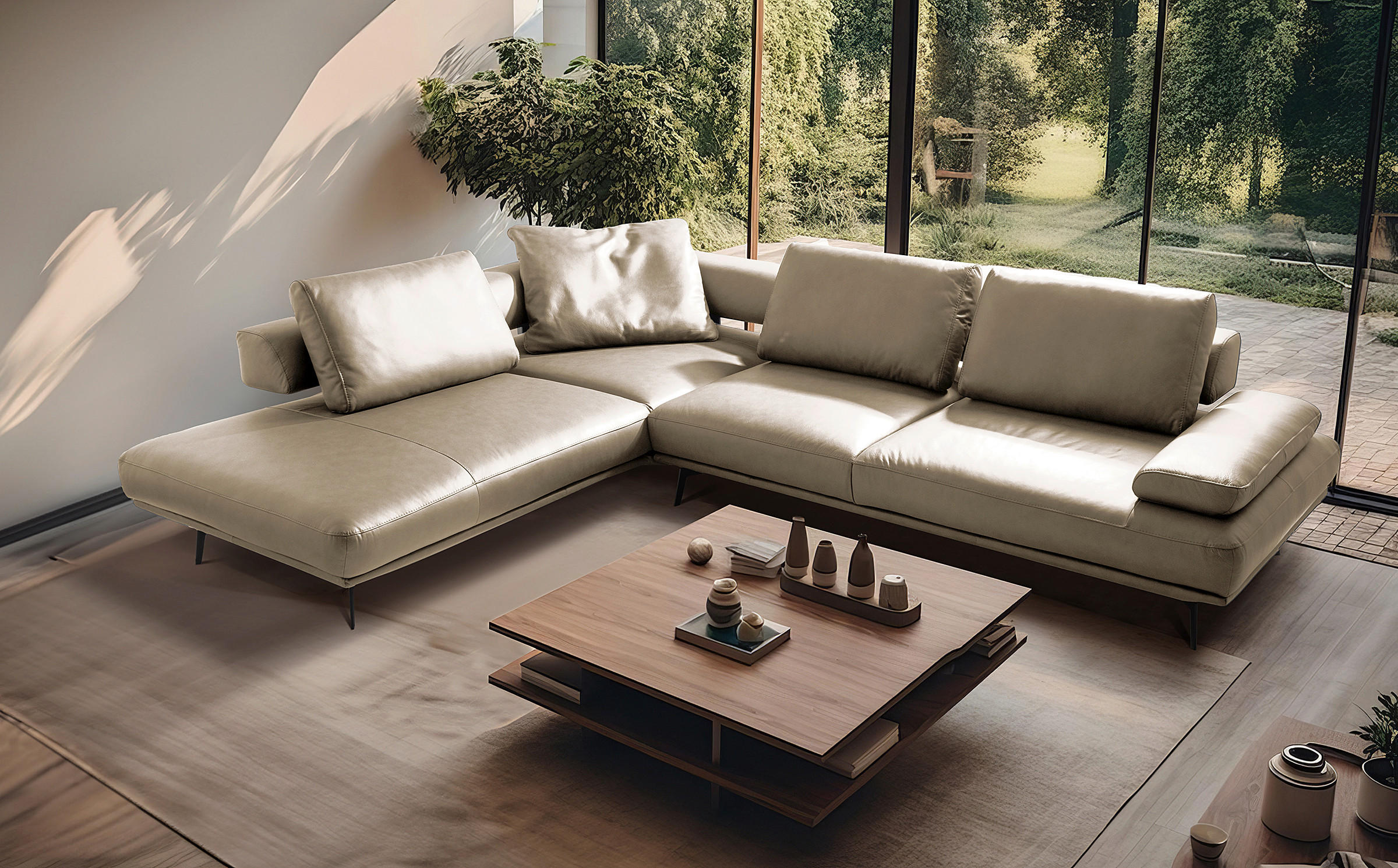 ECKSOFA Creme Echtleder  - Creme/Schwarz, Design, Leder/Metall (237/306cm) - Livetastic