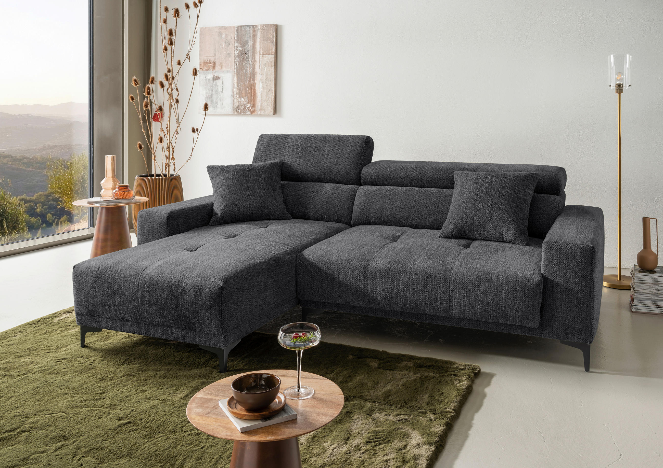 ECKSOFA Chenille Anthrazit  - Anthrazit/Schwarz, Basics, Textil/Metall (183/250cm) - Livetastic