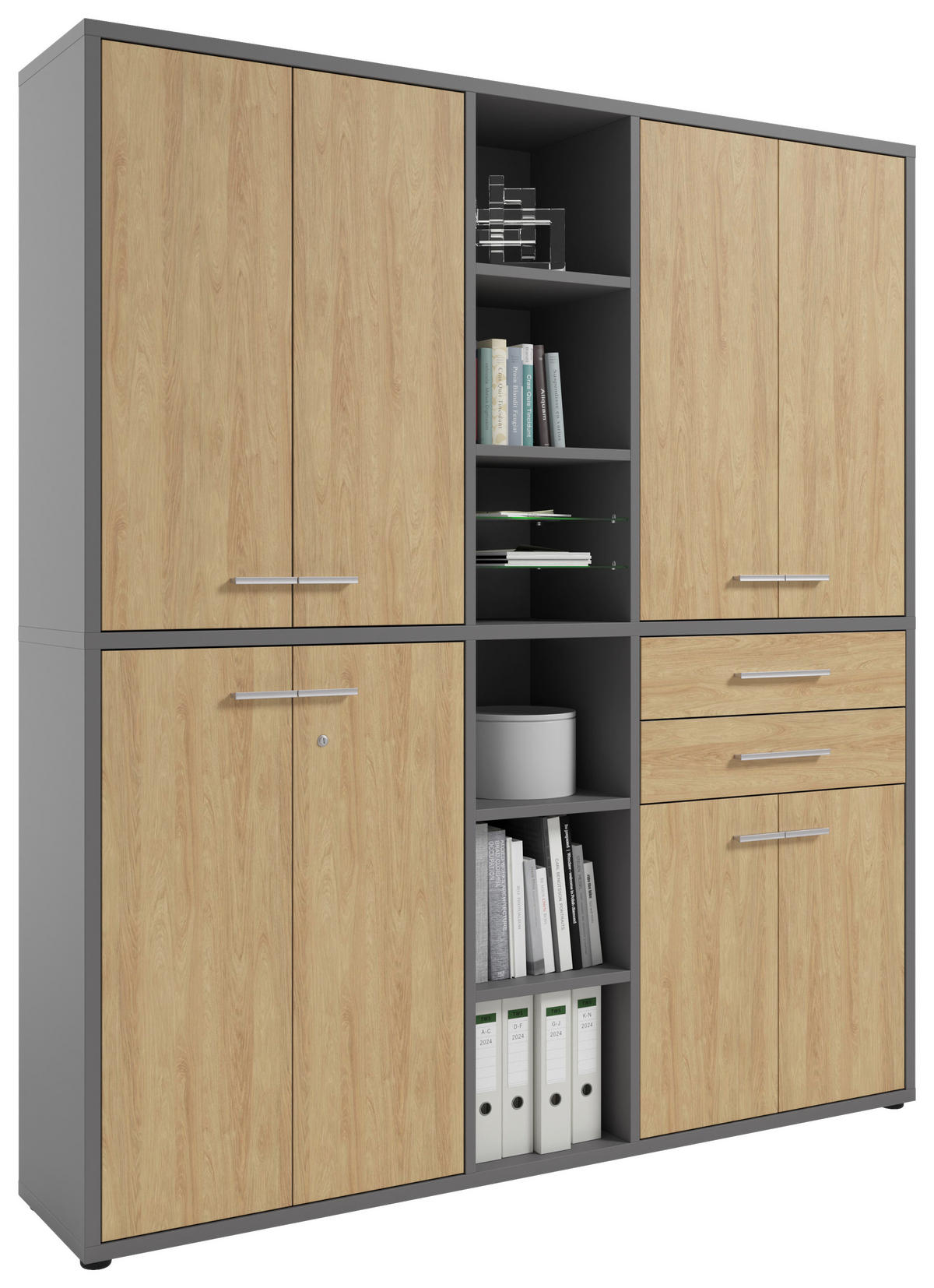 AKTENSCHRANK Eiche Grau, Hickory  - Grau/Hickory, MODERN, Glas/Holz (191,1/215,4/40cm) - Novel