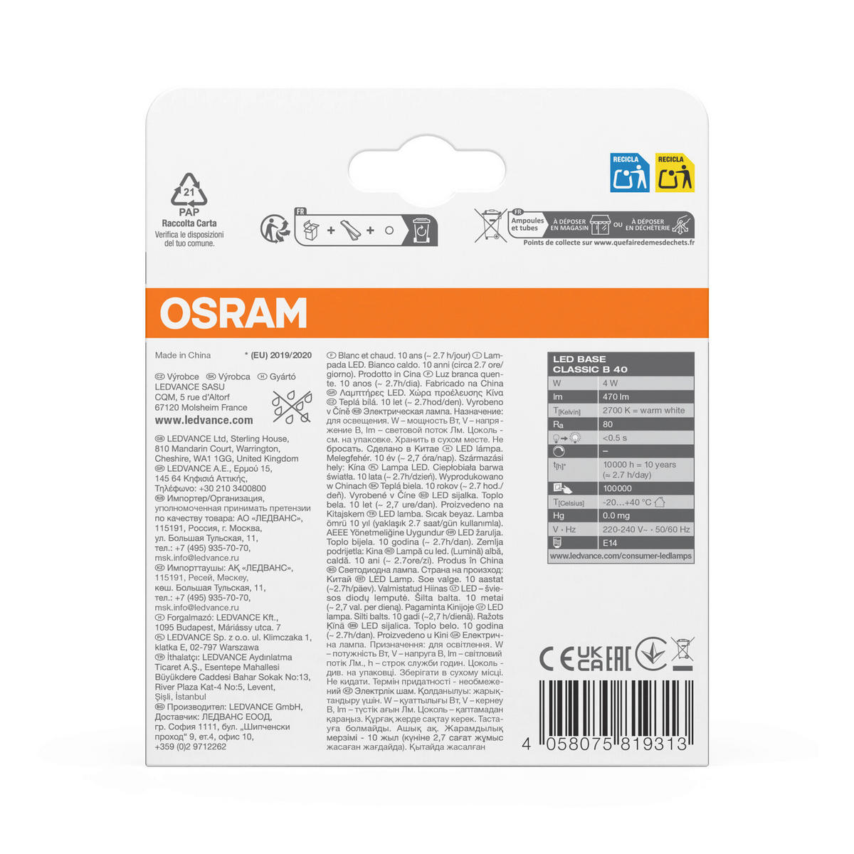 LED-FILAMENT-LEUCHTMITTEL   E14 40 W 470 lm  - Klar, Basics, Glas (3,5/10cm) - Osram
