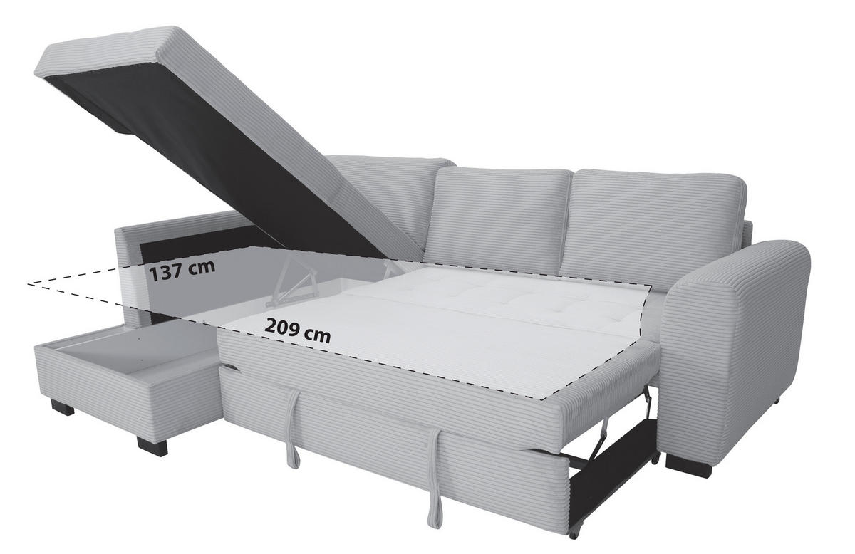 ECKSOFA JOHN Karamell Cord Rückenkissen, Bettkasten, Liegefläche im Originalstoff  - Karamell/Schwarz, Trend, Kunststoff/Textil (178/239cm) - P & B