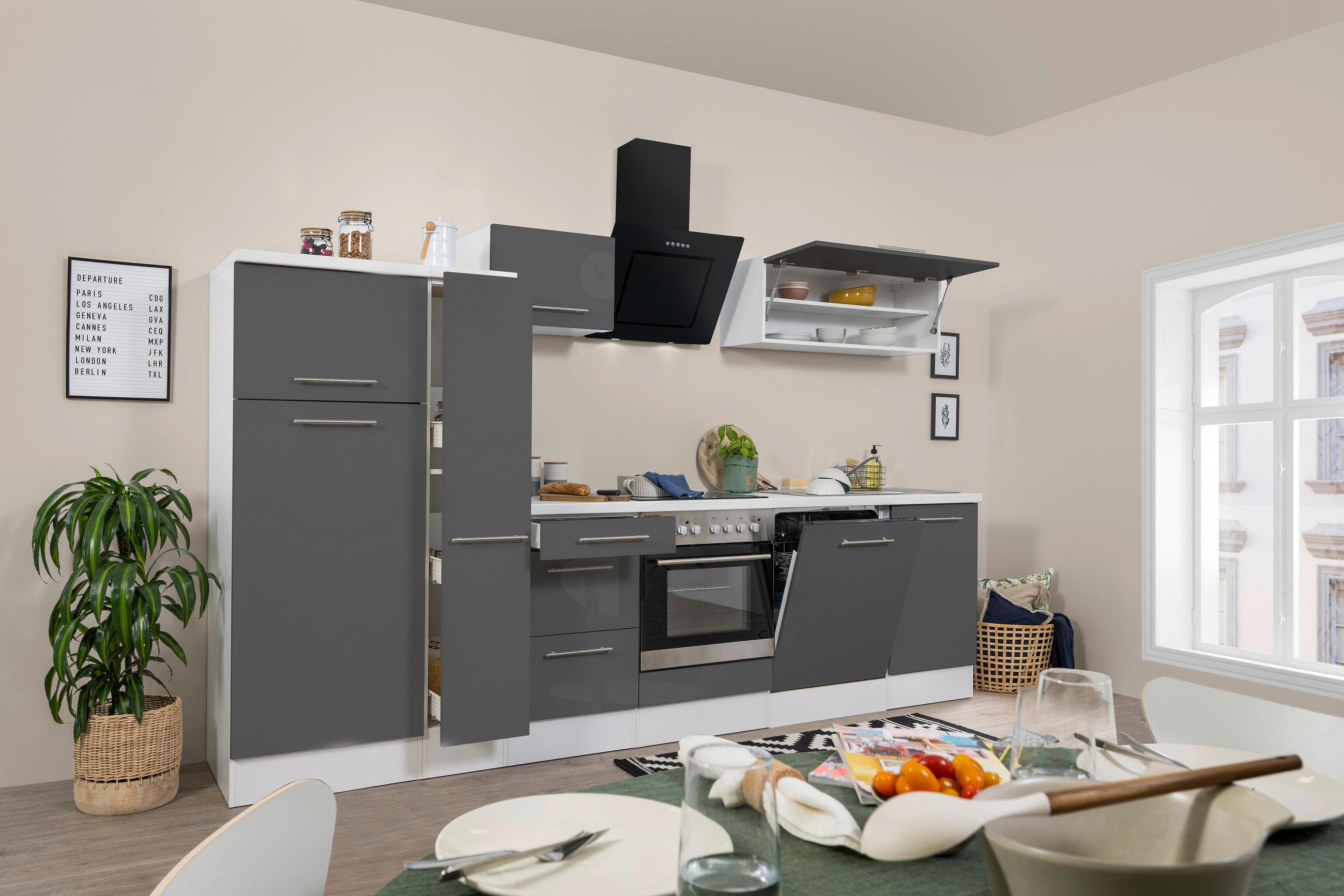 KÜCHENBLOCK 310 cm Grau, Weiß E-Geräte, Spüle, Soft-Close-System, Geschirrspülerblende, Ab- und Überlaufgarnitur, Herdanschlusskabel - Edelstahlfarben/Weiß, KONVENTIONELL, Metall (310cm) - Respekta