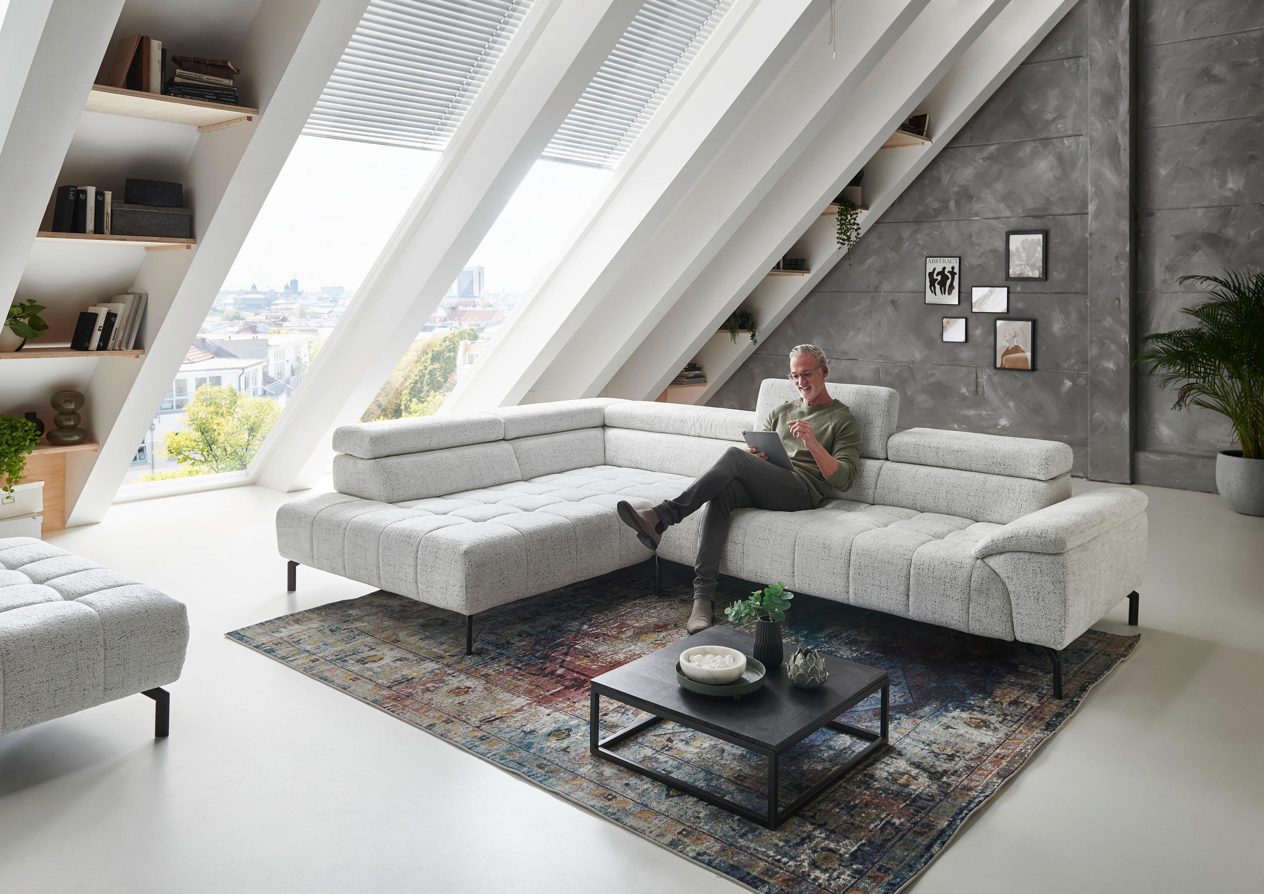 ECKSOFA in Chenille Grauweiss  - Schwarz/Grauweiss, Design, Textil/Metall (222/323cm) - Beldomo Style