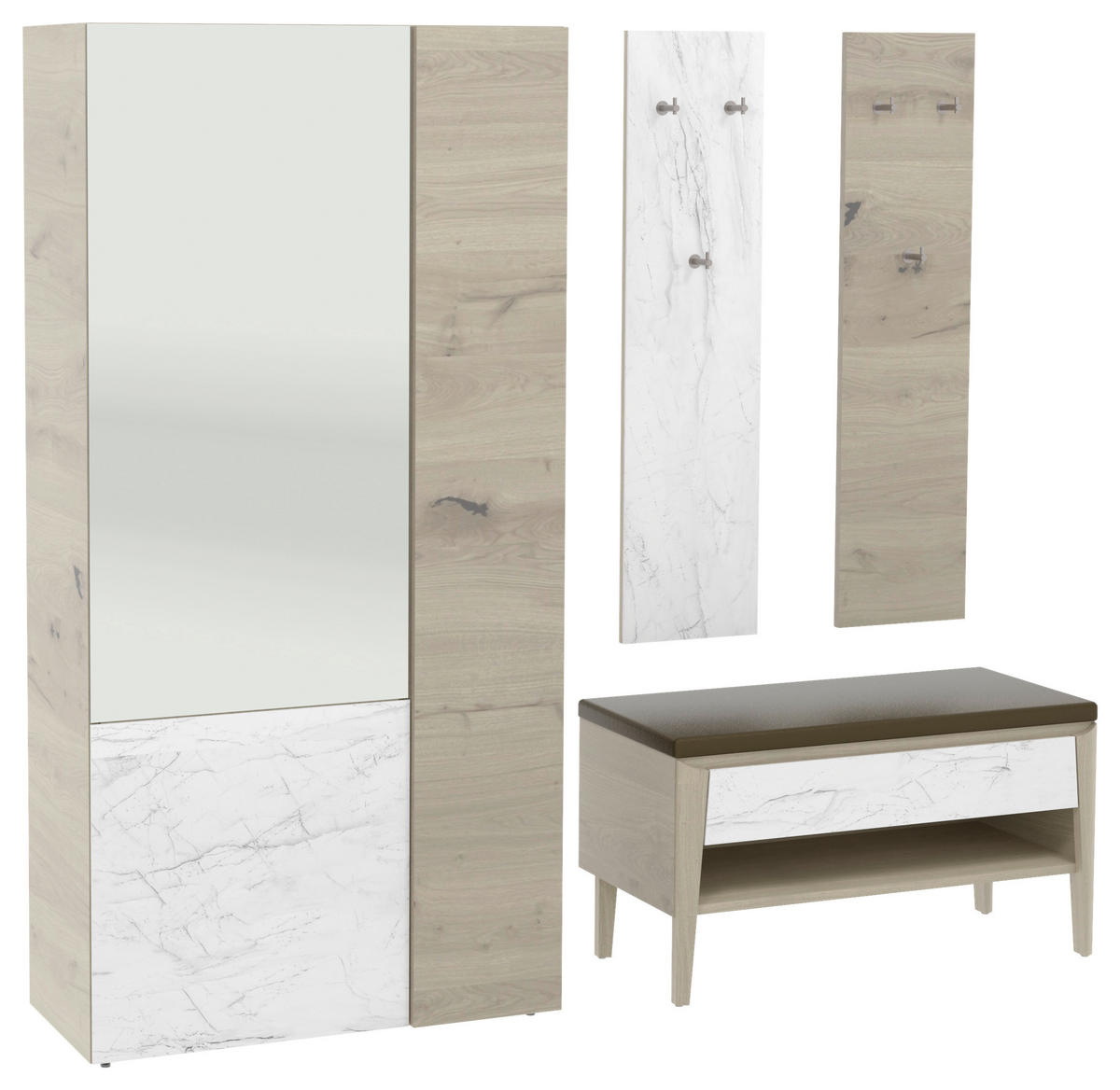 GARDEROBE 4-teilig  in 220/194/42,6 cm  - Weiss/Eichefarben, Natur, Glas/Leder (220/194/42,6cm) - Voglauer