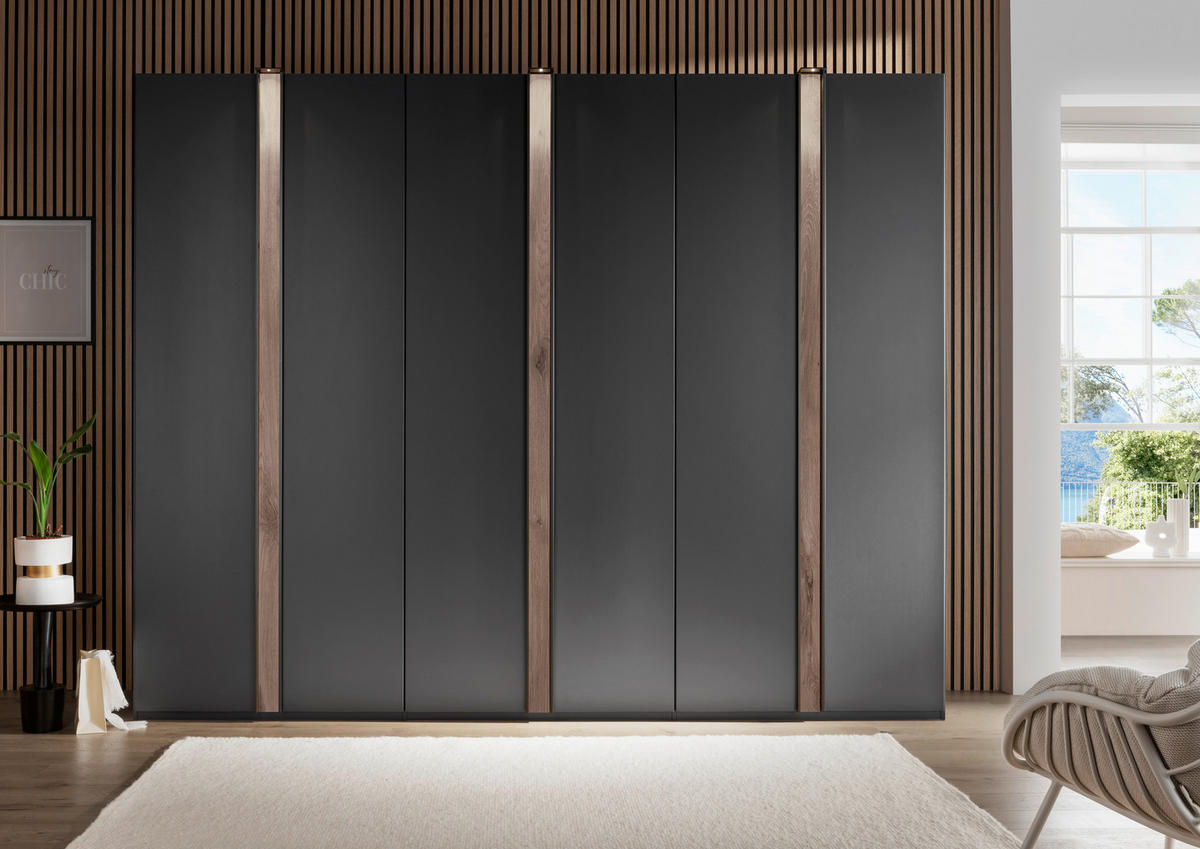 DREHTÜRENSCHRANK in Graphitfarben, Eichefarben  - Eichefarben/Schwarz, Design, Holzwerkstoff/Metall (300/216/58cm) - Novel