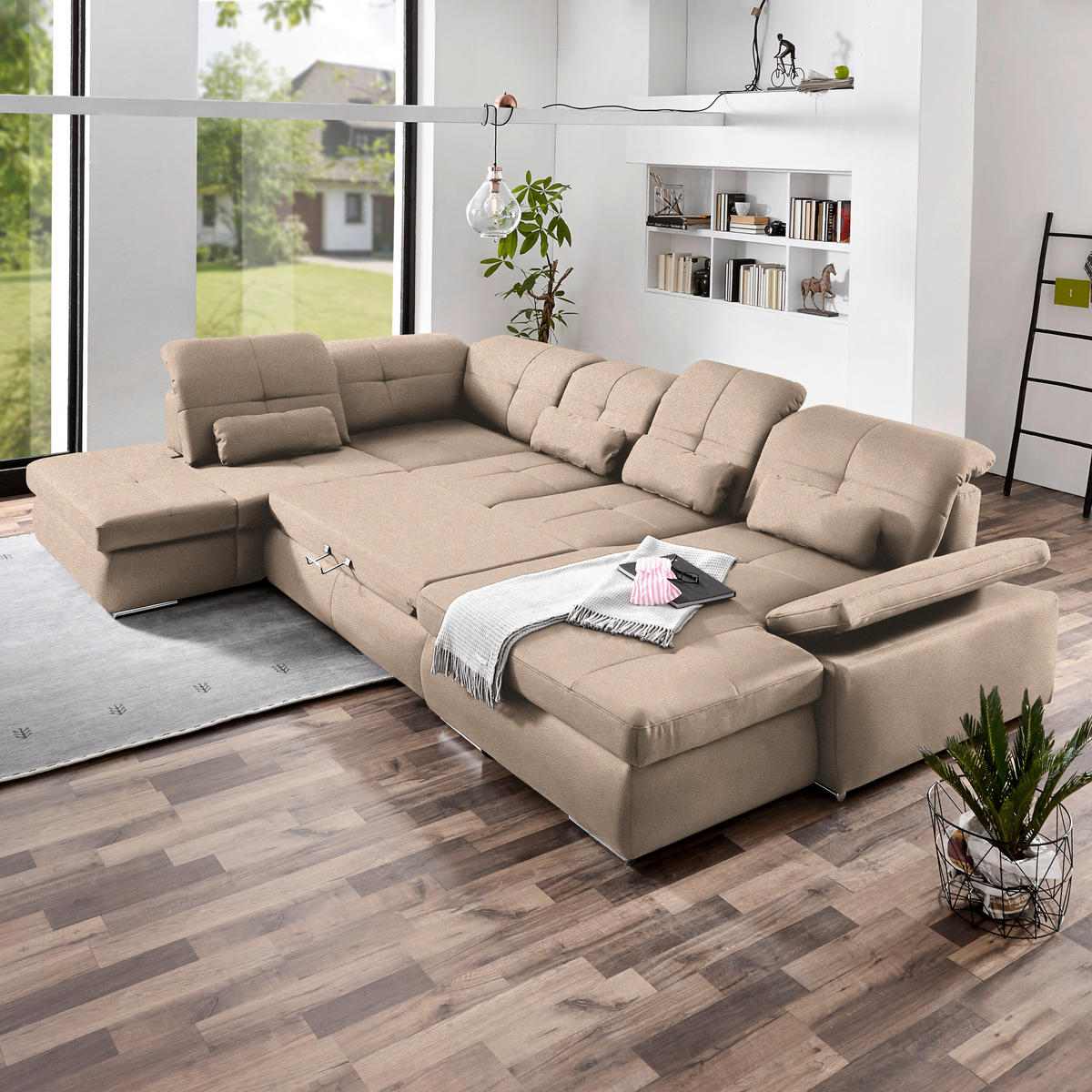 WOHNLANDSCHAFT  in Mikrofaser Beige  - Chromfarben/Beige, Design, Holzwerkstoff/Textil (260/371/195cm) - Beldomo Style