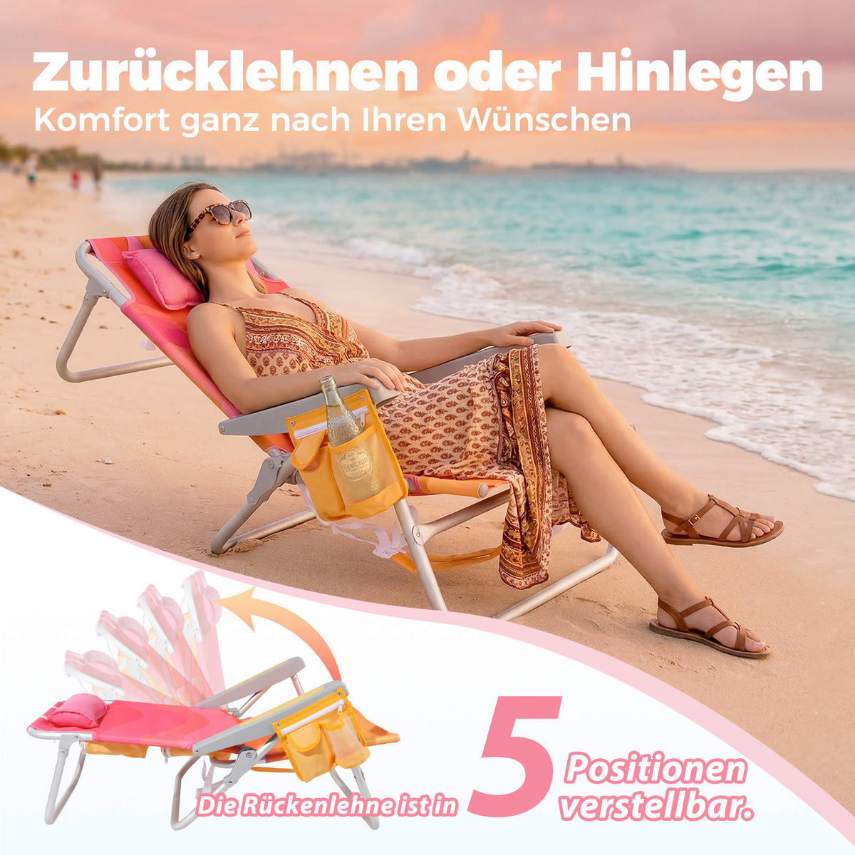 STRANDSTUHL Aluminium Alufarben, Pink  - Pink/Alufarben, Basics, Textil/Metall (61/62.5/83.5cm) - Modante