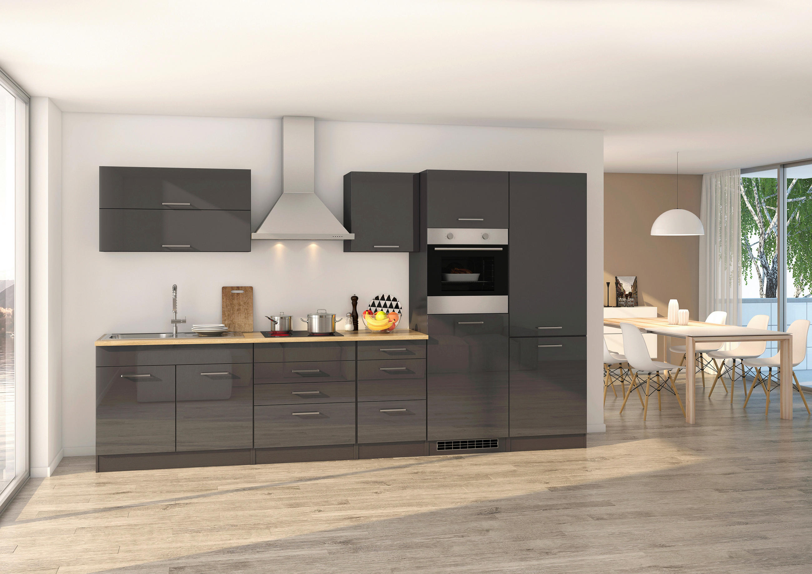 KÜCHENBLOCK 350 cm   in Graphitfarben  - Silberfarben/Graphitfarben, MODERN, Holzwerkstoff/Metall (350cm) - Held