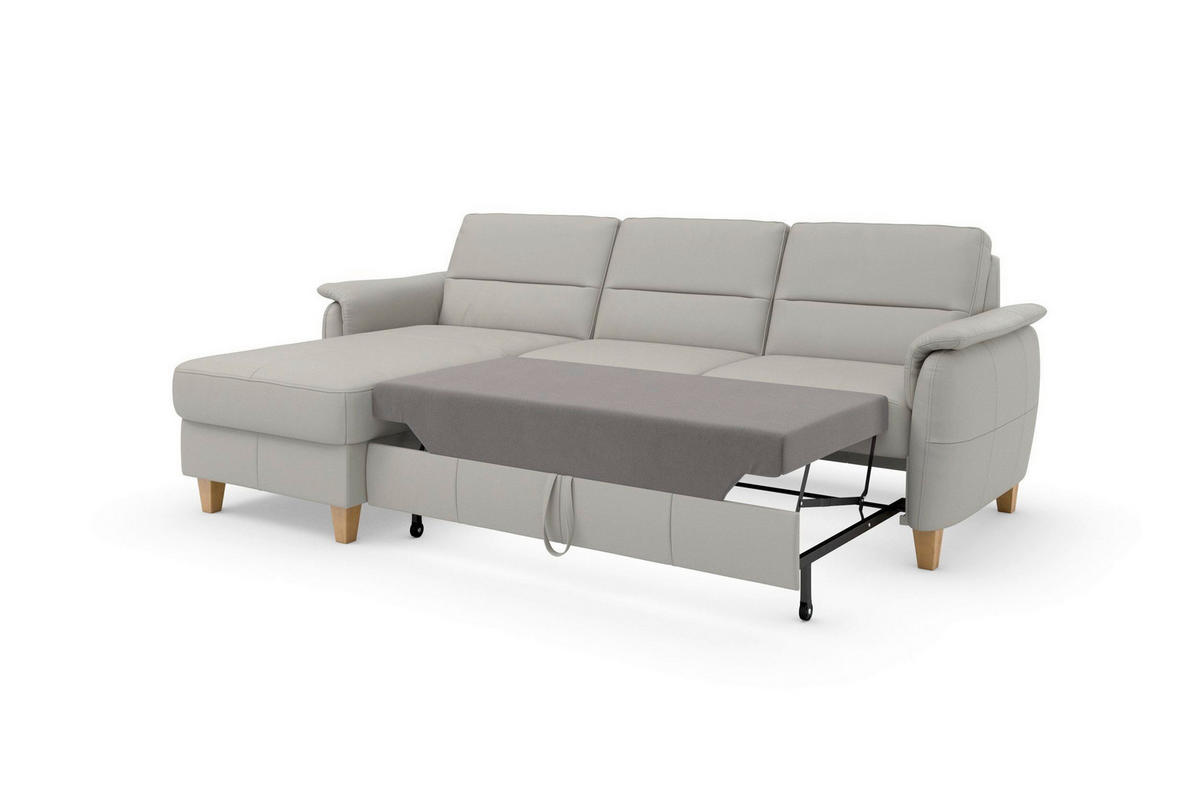 ECKSOFA PALMERA E Hellgrau Kombination Echtleder/Stoff Mikrofaser Bettkasten  - Eichefarben/Hellgrau, Basics, Leder/Holz (163/244cm) - Sit & More
