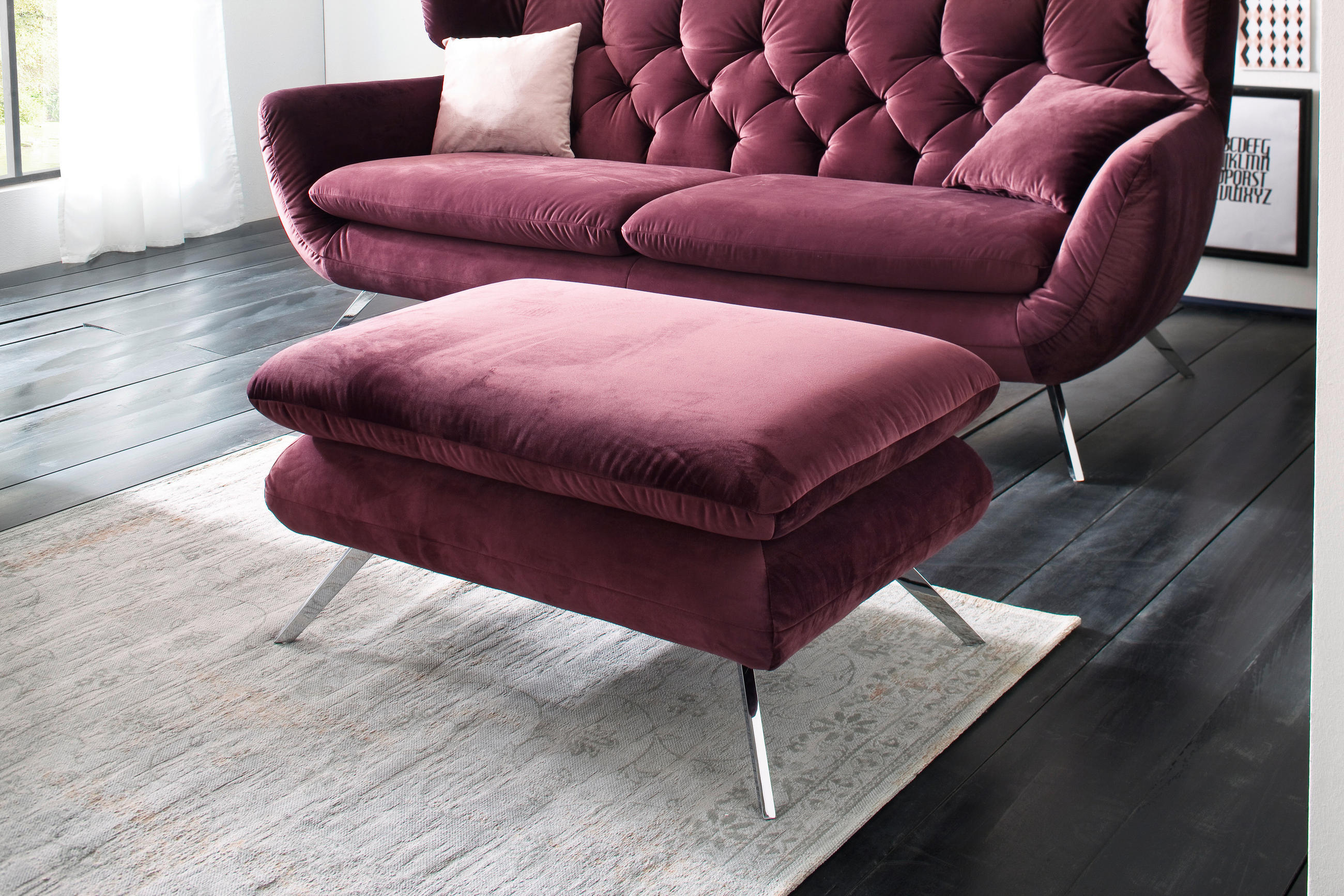 HOCKER Velours Lila - Chromfarben/Lila, Design, Textil/Metall (90/45/60cm) - Pure Home Lifestyle