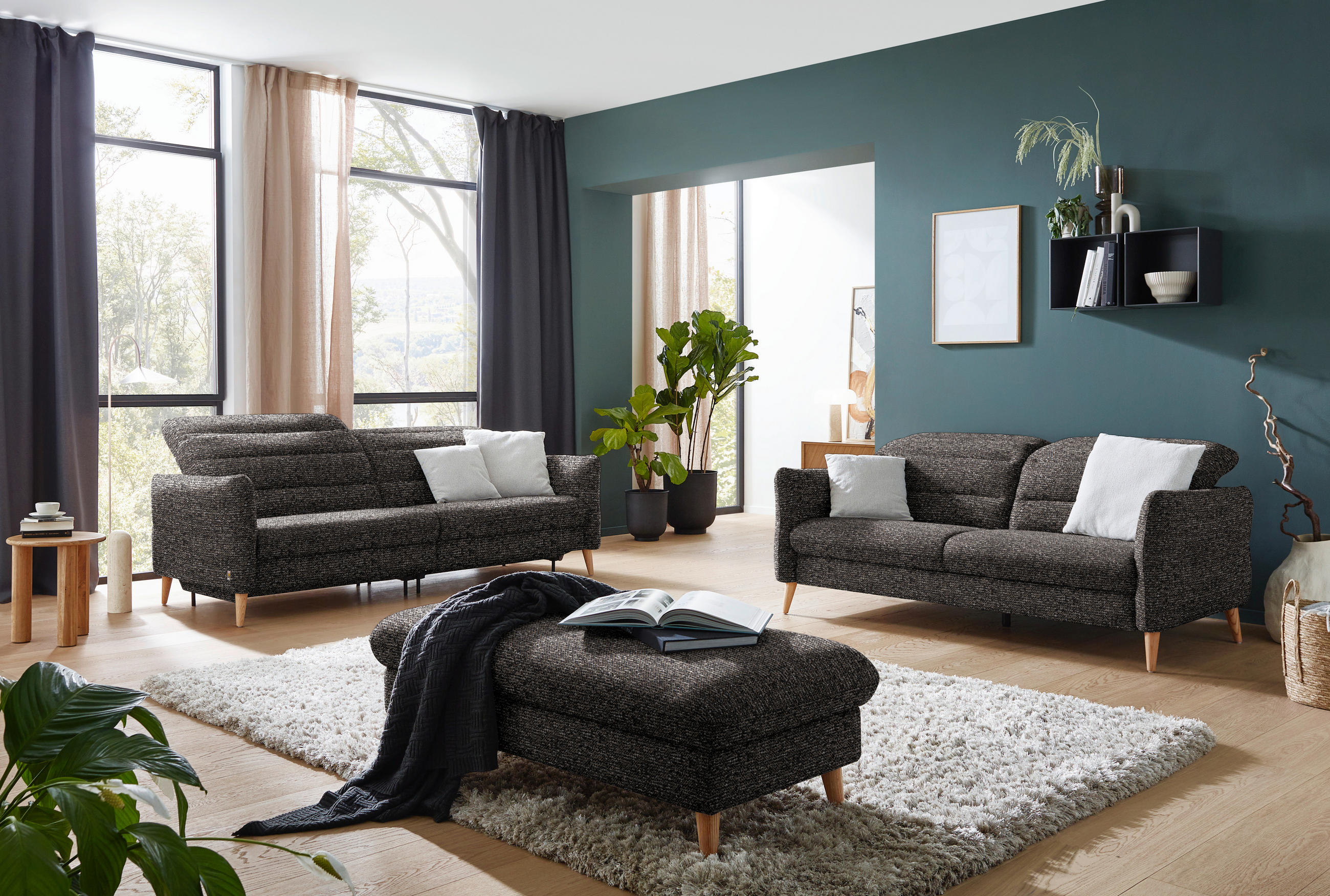 2-SITZER-SOFA in Webstoff Braun, Dunkelgrün  - Eiche Bianco/Dunkelgrün, Design, Holz/Textil (192-220/85-106/98-112cm) - Dieter Knoll