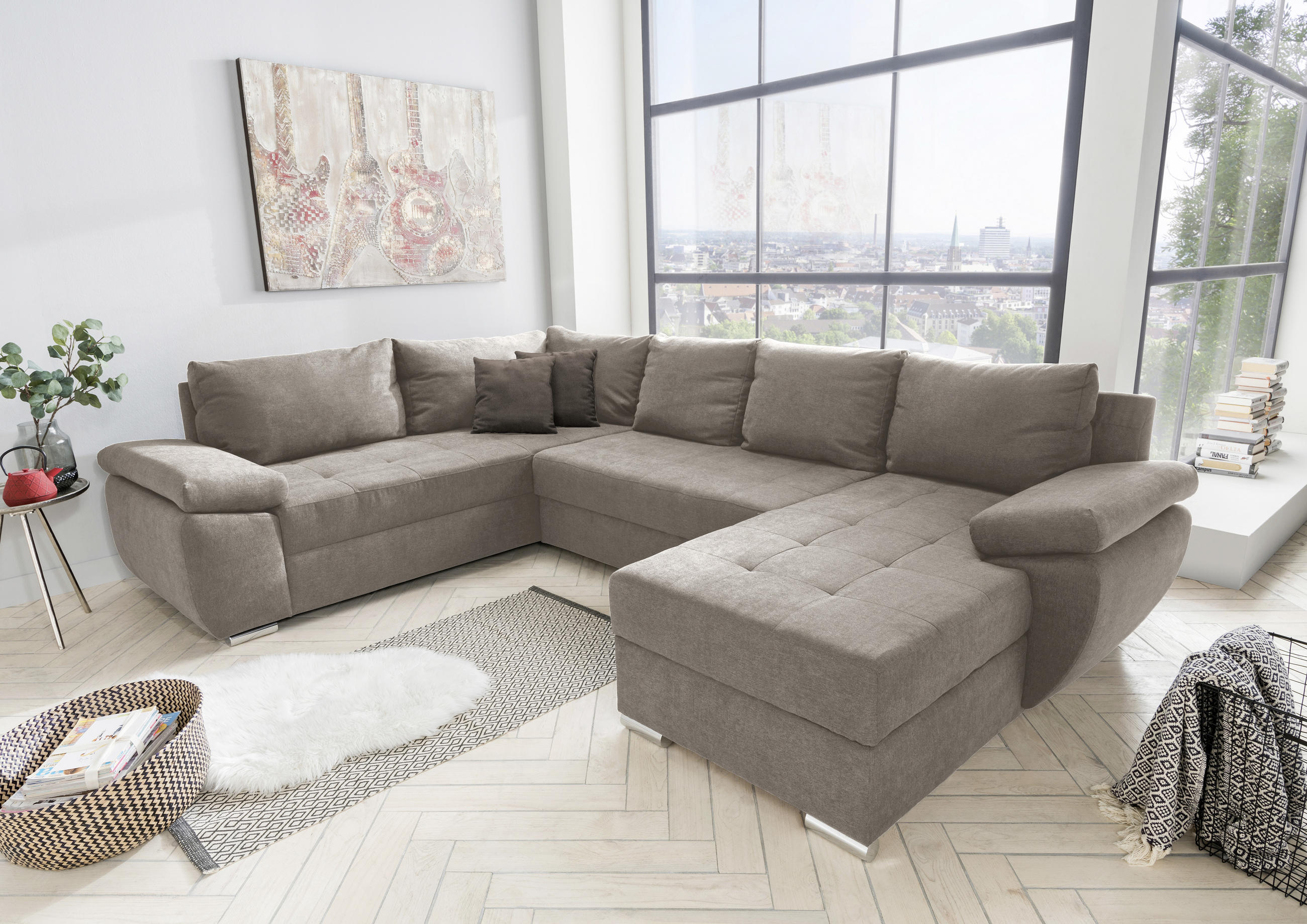 WOHNLANDSCHAFT in Mikrofaser Taupe - Taupe/Chromfarben, Konventionell, Textil/Metall (219/294/157cm) - Livetastic