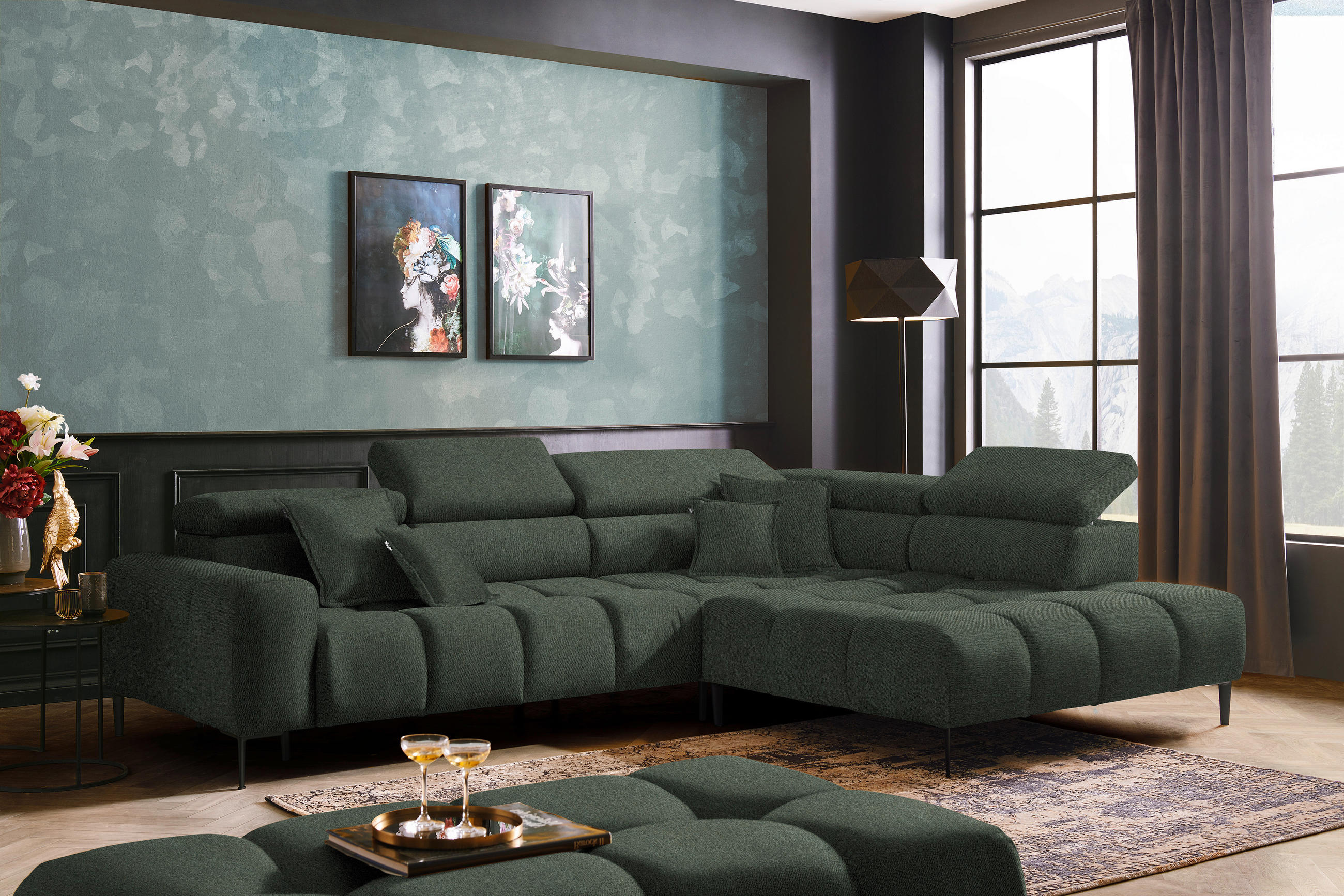 ECKSOFA in Webstoff Dunkelgrün  - Currygelb/Dunkelgrün, Design, Textil/Metall (300/216cm) - Welnova