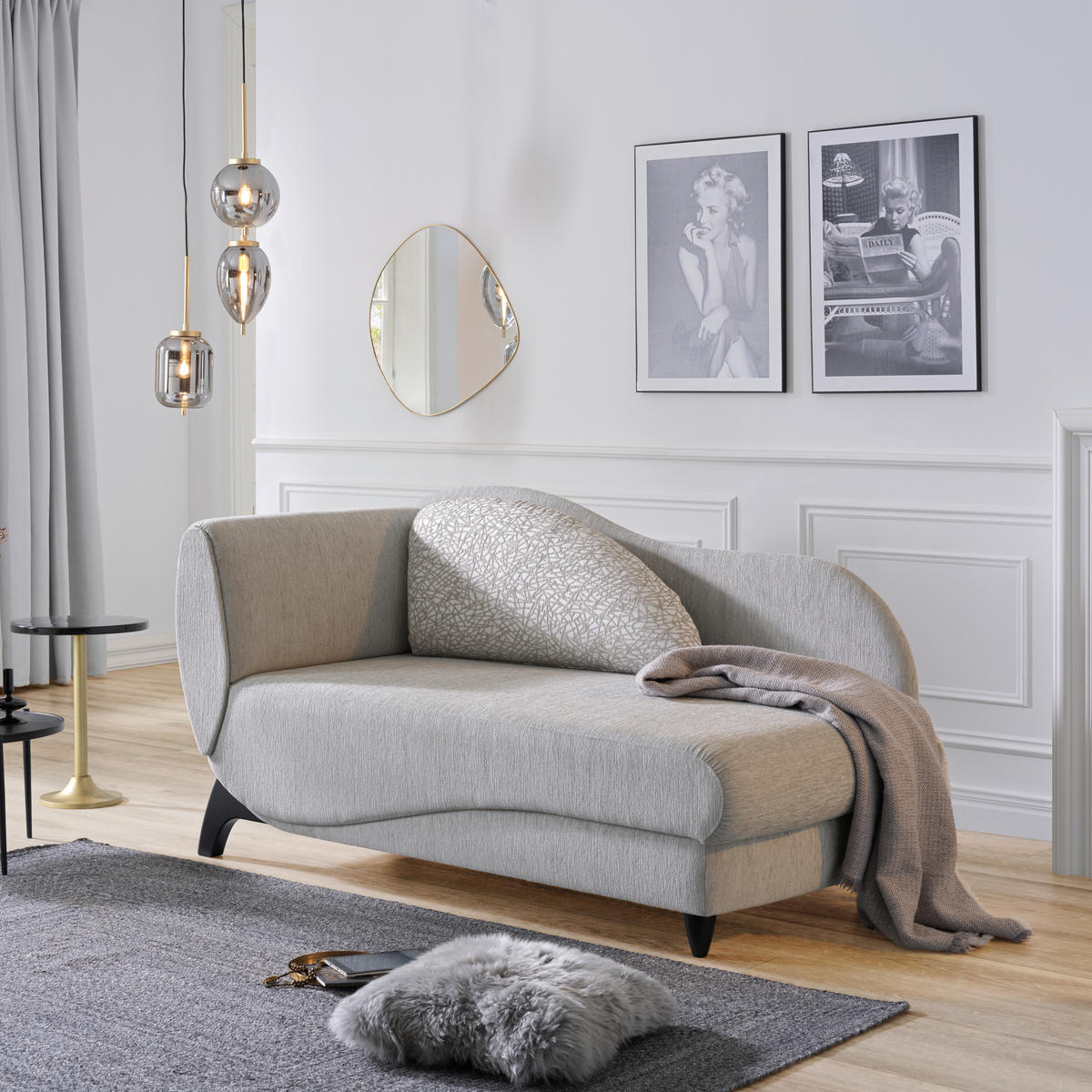 RÉCAMIERE in Webstoff Hellgrau  - Hellgrau/Schwarz, Modern, Holz/Textil (84/87/171-190cm) - Joka