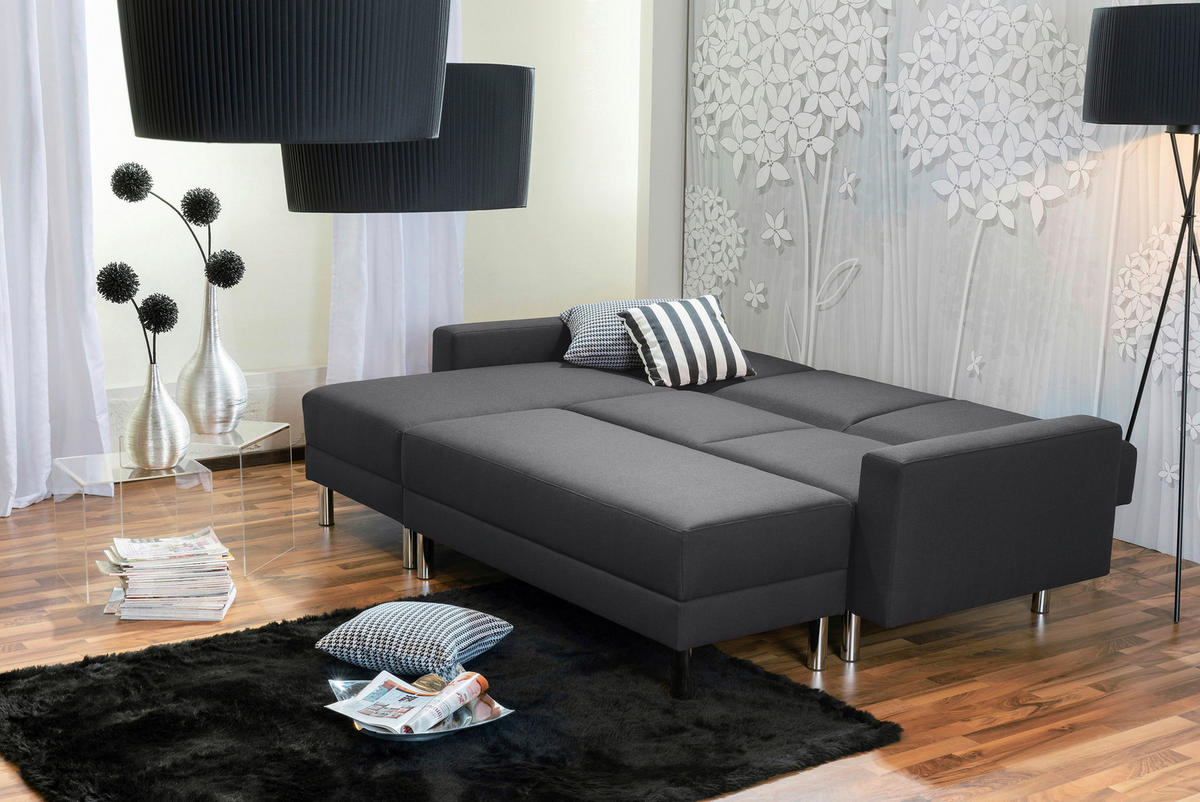 ECKSCHLAFSOFA inkl. Hocker in Graphitfarben Textil   - Chromfarben/Graphitfarben, Konventionell, Textil/Metall (152/230cm) - Max Winzer
