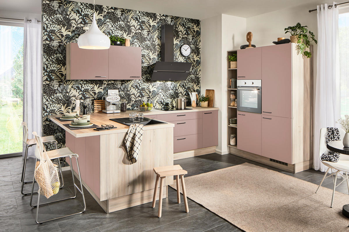 ECKKÜCHE  in Rosa, Tannenholzfarben  - Tannenholzfarben/Schwarz, Design, Holzwerkstoff/Metall (121,6/280/150cm) - Xora