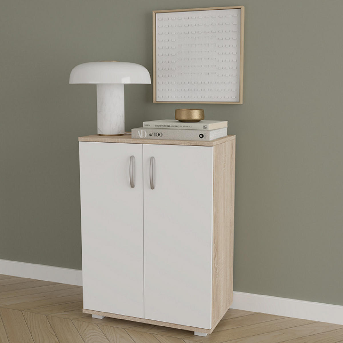 KOMODA   60/35/82 cm   bijela, hrast Sonoma  - bijela/boje aluminija, Design, drvni materijal/metal (60/35/82cm)