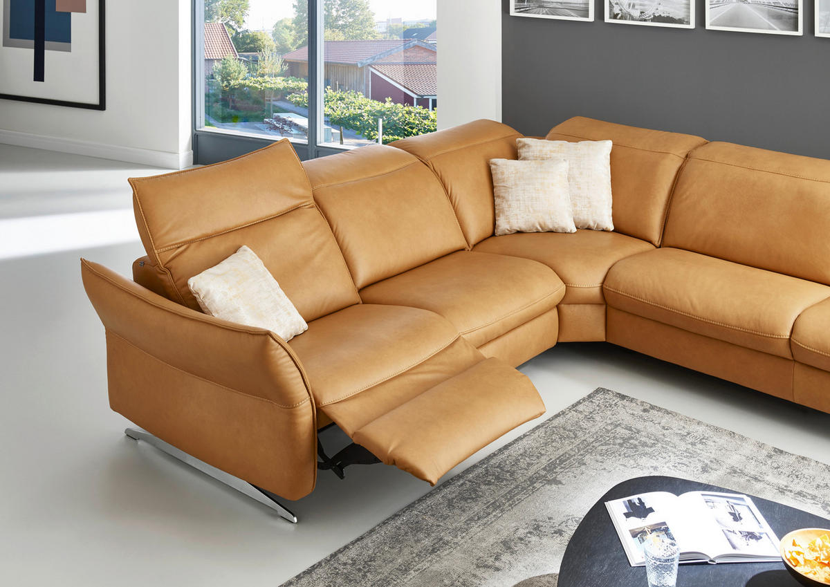 ECKSOFA inkl. Funktionen Valdera Orange Echtleder  - Edelstahlfarben/Orange, Design, Leder/Metall (292/258cm) - Hukla
