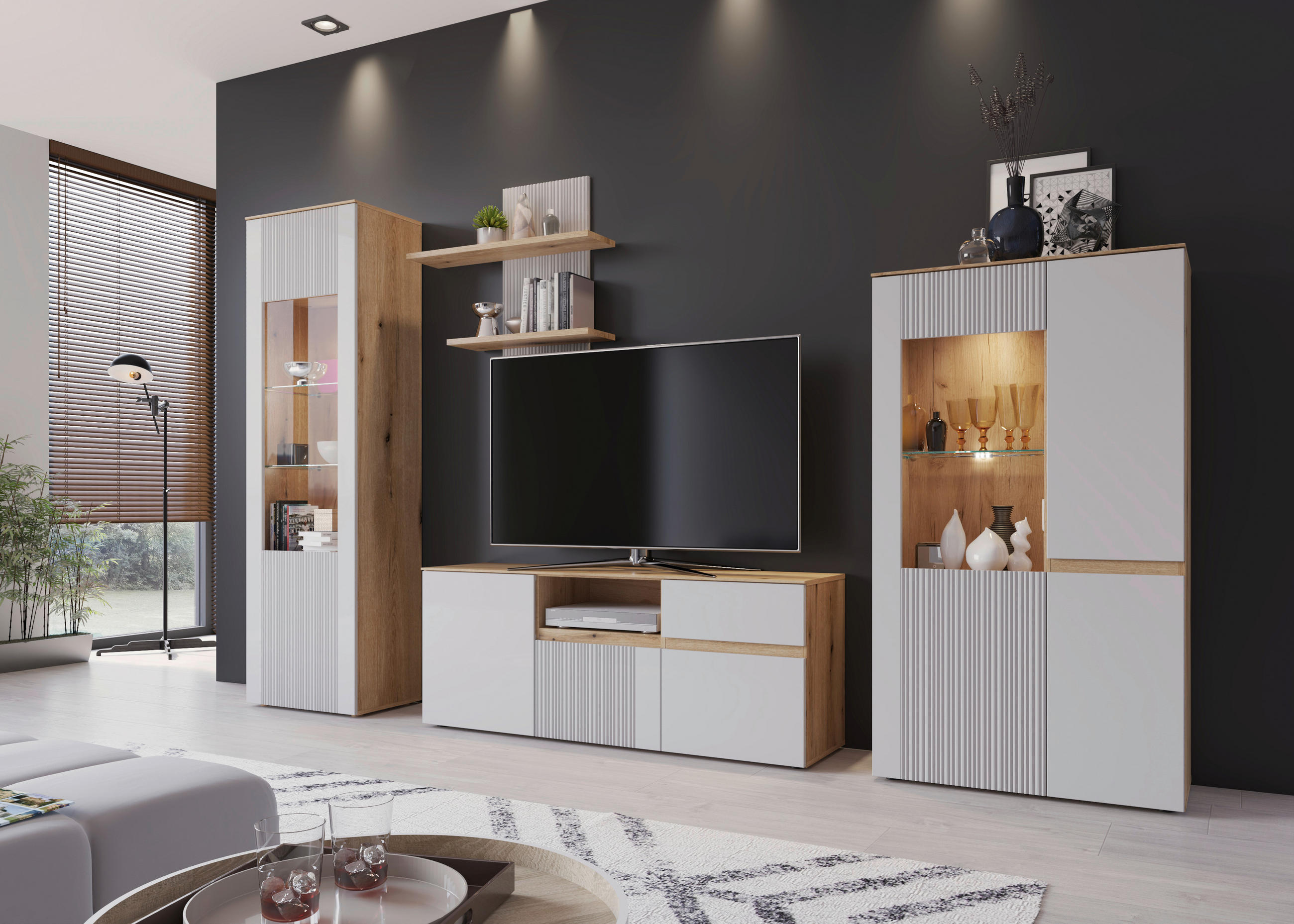 Wohnwand Manilla Hellgrau/Eichefarben B: 294 cm