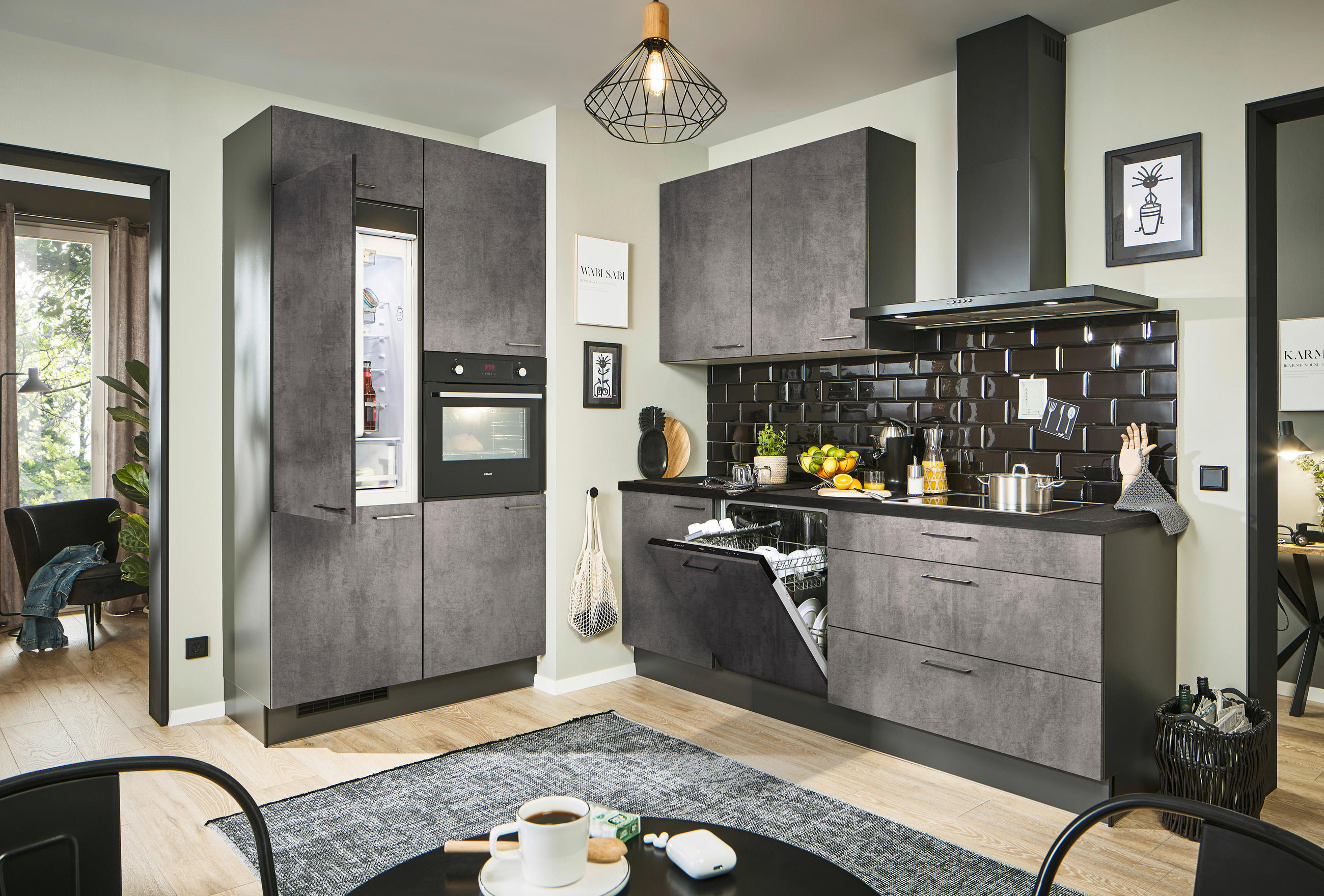 ECKKÜCHE 120/220 cm  in Graphitfarben, Schwarz  - Chromfarben/Schwarz, Design, Holzwerkstoff/Metall (120/220cm) - Xora