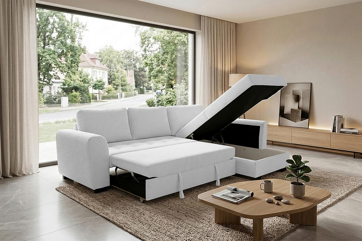 ECKSOFA JOHN Silberfarben Cord Rückenkissen, Bettkasten, Liegefläche im Originalstoff  - Silberfarben/Schwarz, Trend, Kunststoff/Textil (239/178cm) - P & B