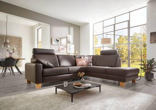 ECKSOFA in Echtleder Dunkelbraun  - Eiche Bianco/Dunkelbraun, Konventionell, Leder/Holz (259/235cm) - Valdera