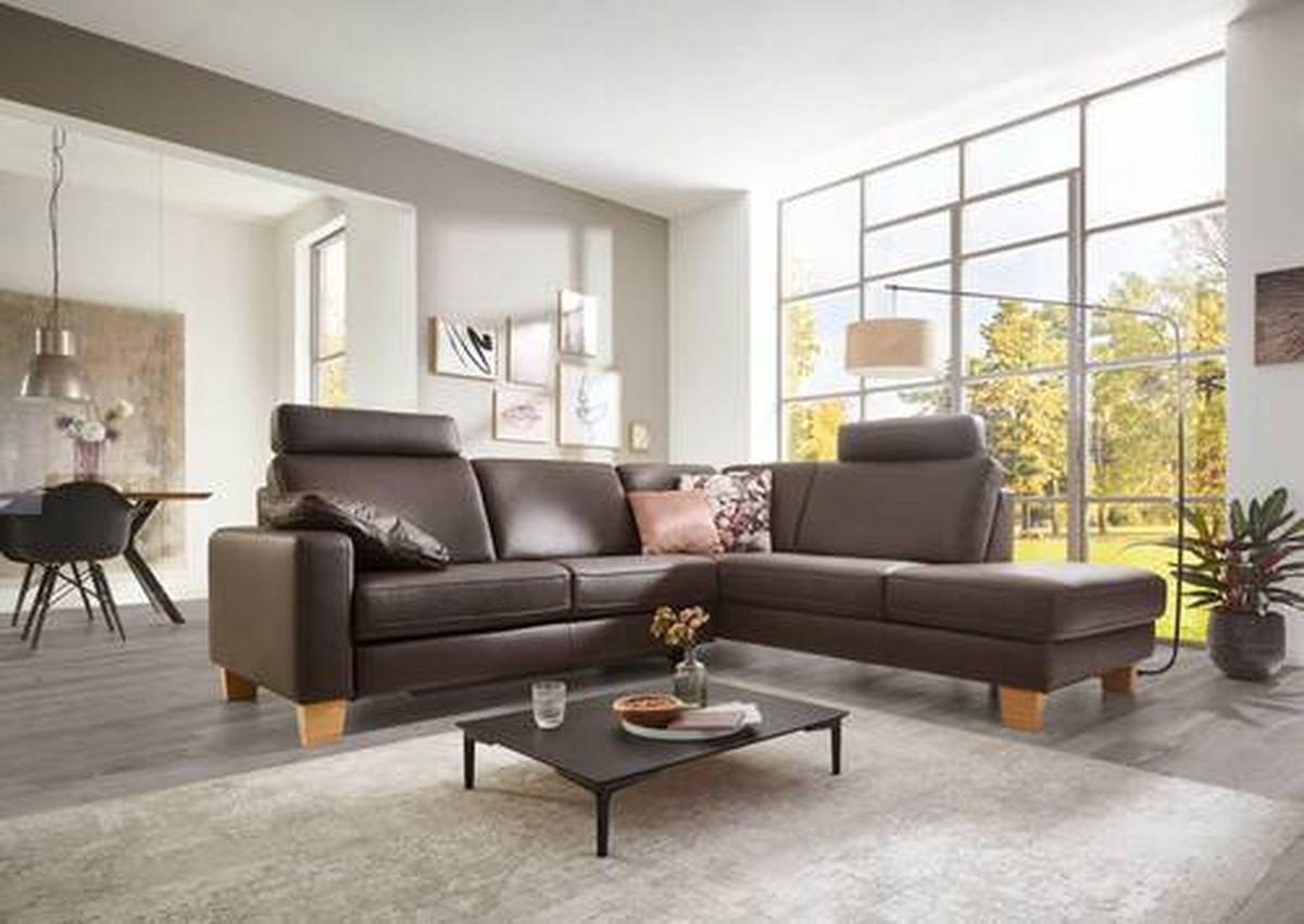 ECKSOFA in Echtleder Dunkelbraun  - Eiche Bianco/Dunkelbraun, Konventionell, Leder/Holz (235/259cm) - Valdera