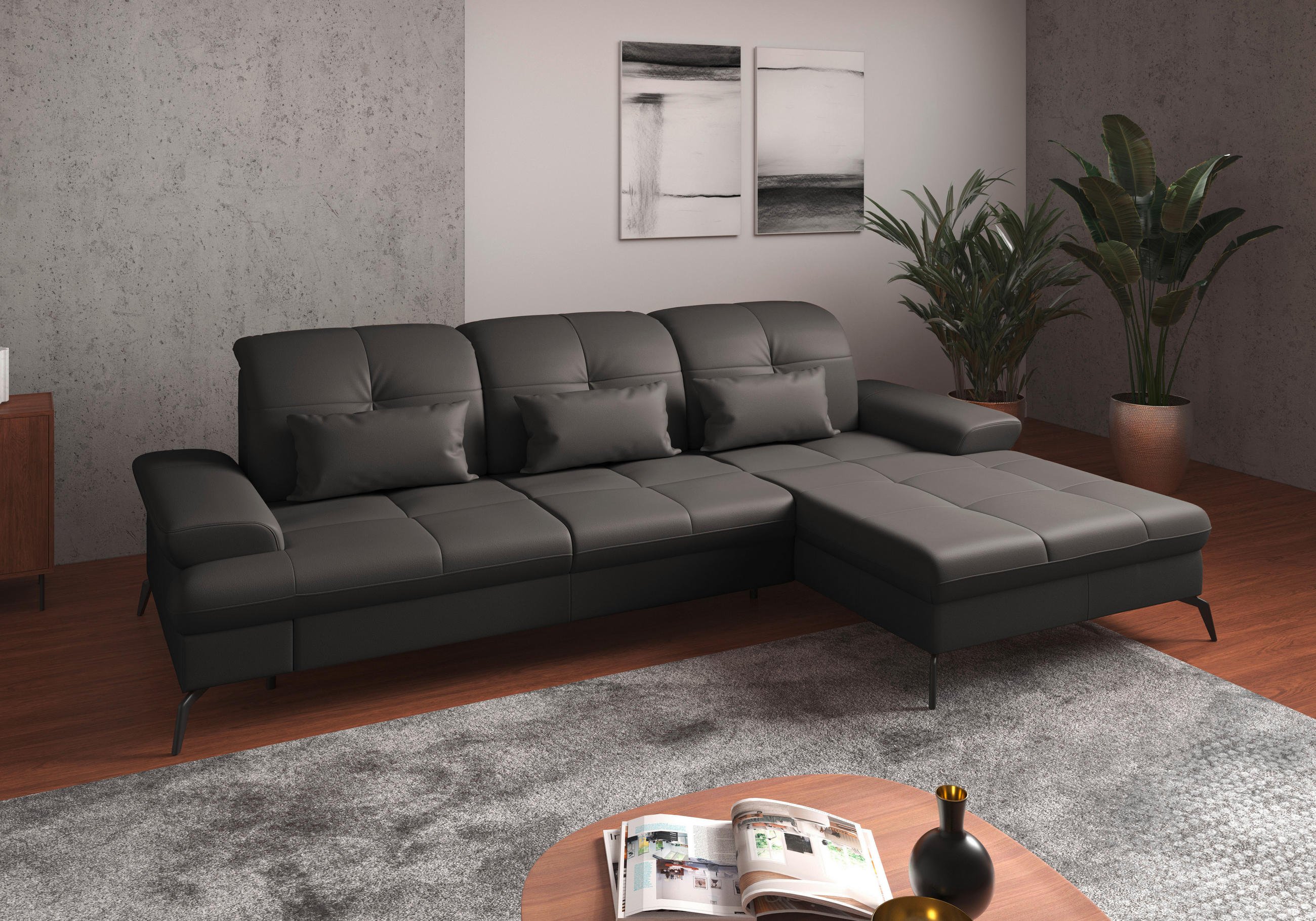 ECKSOFA Anthrazit Kombination Echtleder/Stoff Vliesstoff  - Anthrazit/Schwarz, KONVENTIONELL, Leder/Textil (279/185cm) - Sit & More