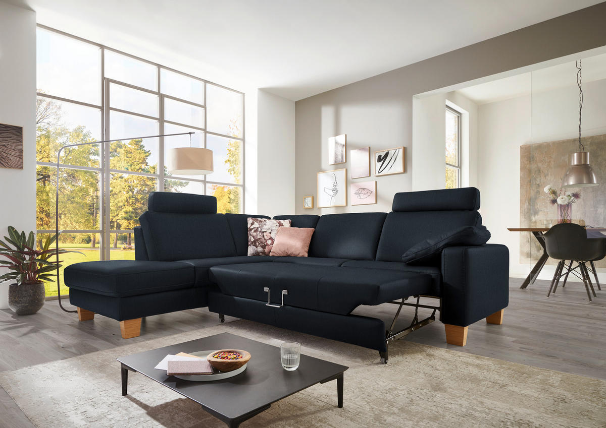 ECKSOFA in Echtleder Dunkelblau  - Eiche Bianco/Dunkelblau, Konventionell, Leder/Holz (235/257cm) - Valdera