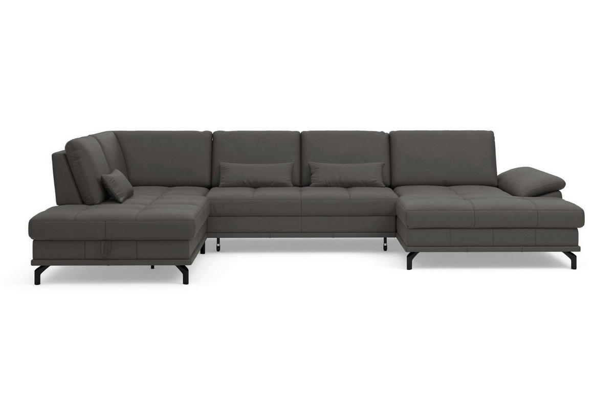 WOHNLANDSCHAFT COSTELLO E Mokka Kombination Echtleder/Stoff Mikrofaser  - Schwarz/Mokka, Basics, Leder/Textil (223/363/176cm) - Sit & More