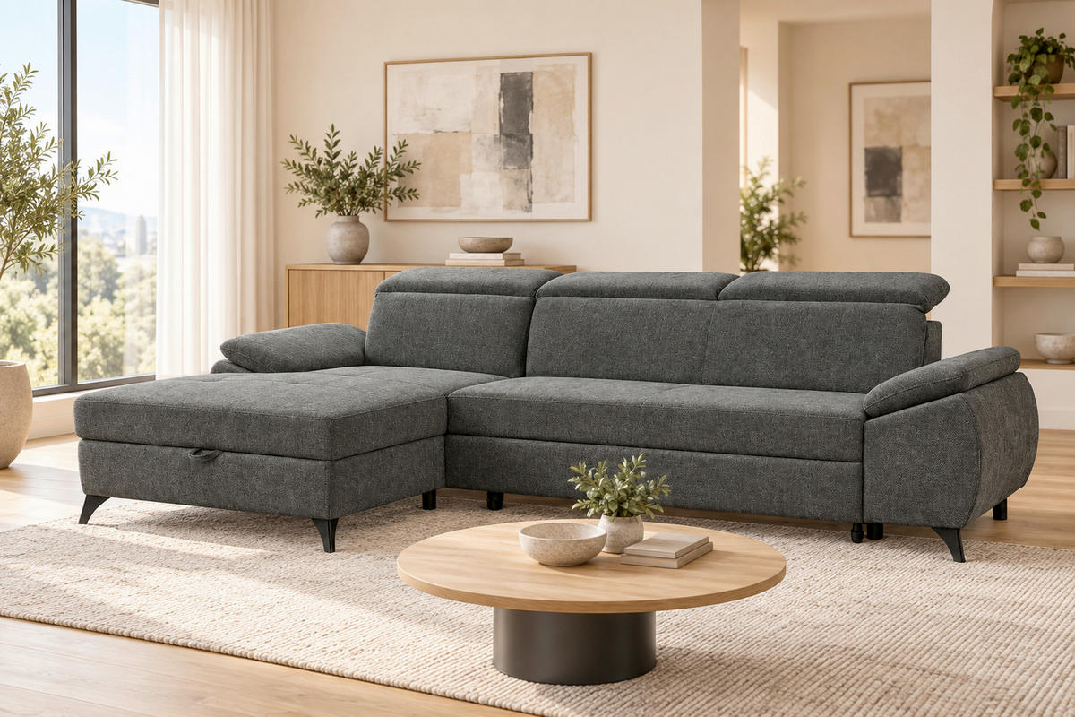 ECKSOFA TAOS Dunkelgrau Struktur Bettkasten, Rücken echt, Kopfteilverstellung, Stauraum  - Dunkelgrau/Schwarz, Basics, Holz/Textil (281/166cm) - MID.YOU