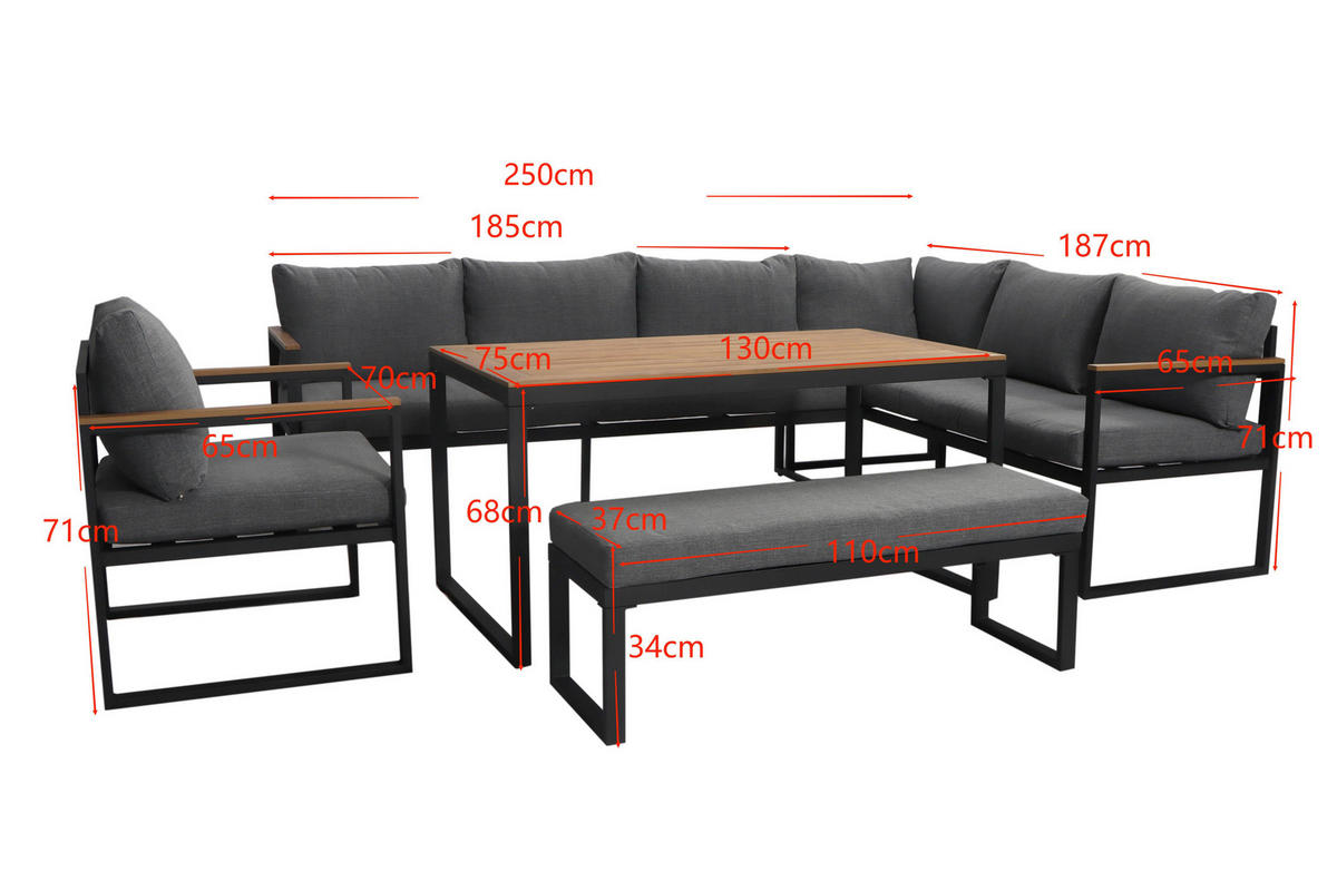 JEDÁLENSKÁ TERASOVÁ SÚPRAVA 5-dielne, kov, plast, textil - sivá/prírodná farba, Modern, kov/textil (250/187cm) - Ambia Garden