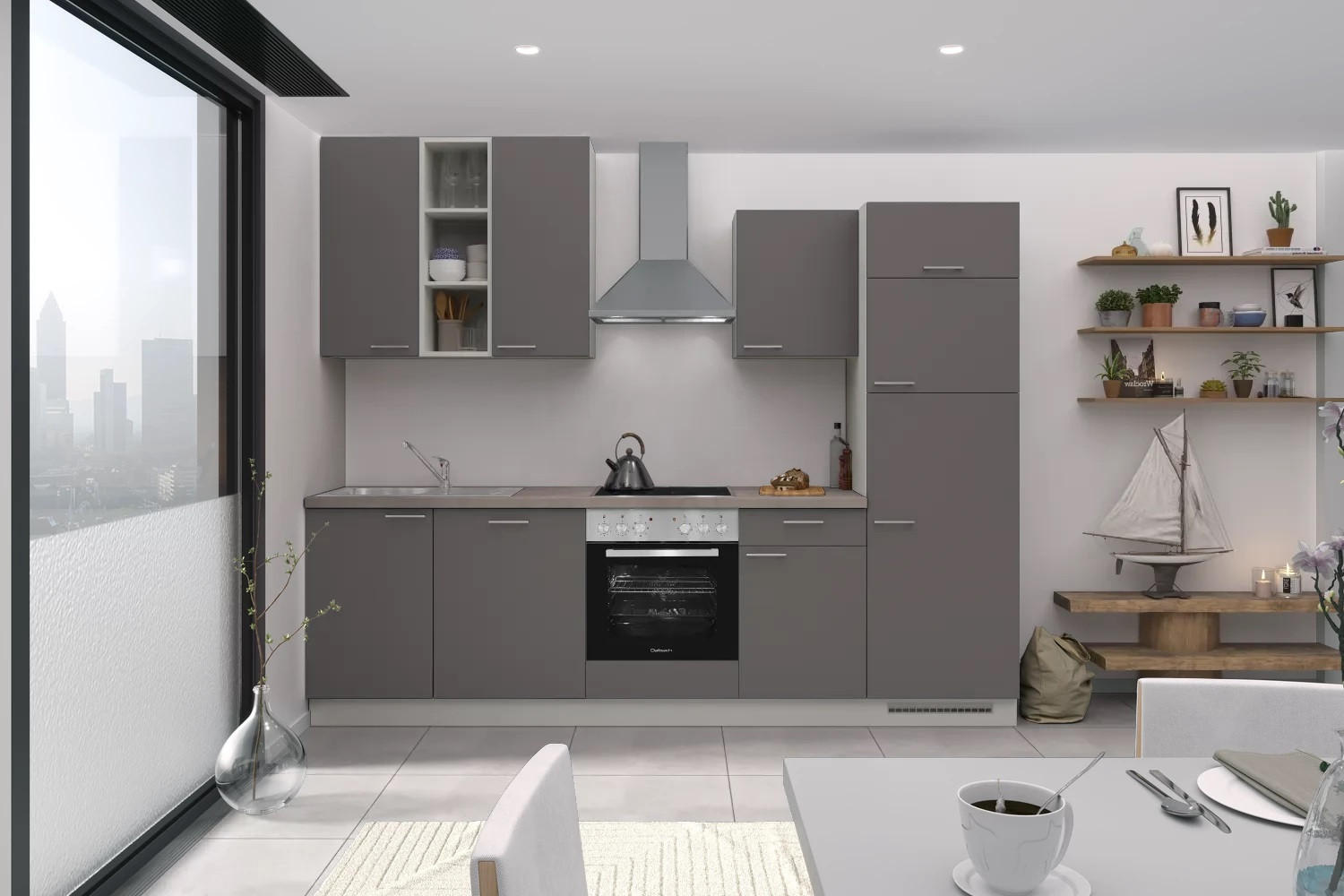 Küchenzeile Grau mit Geräten B: 280 cm